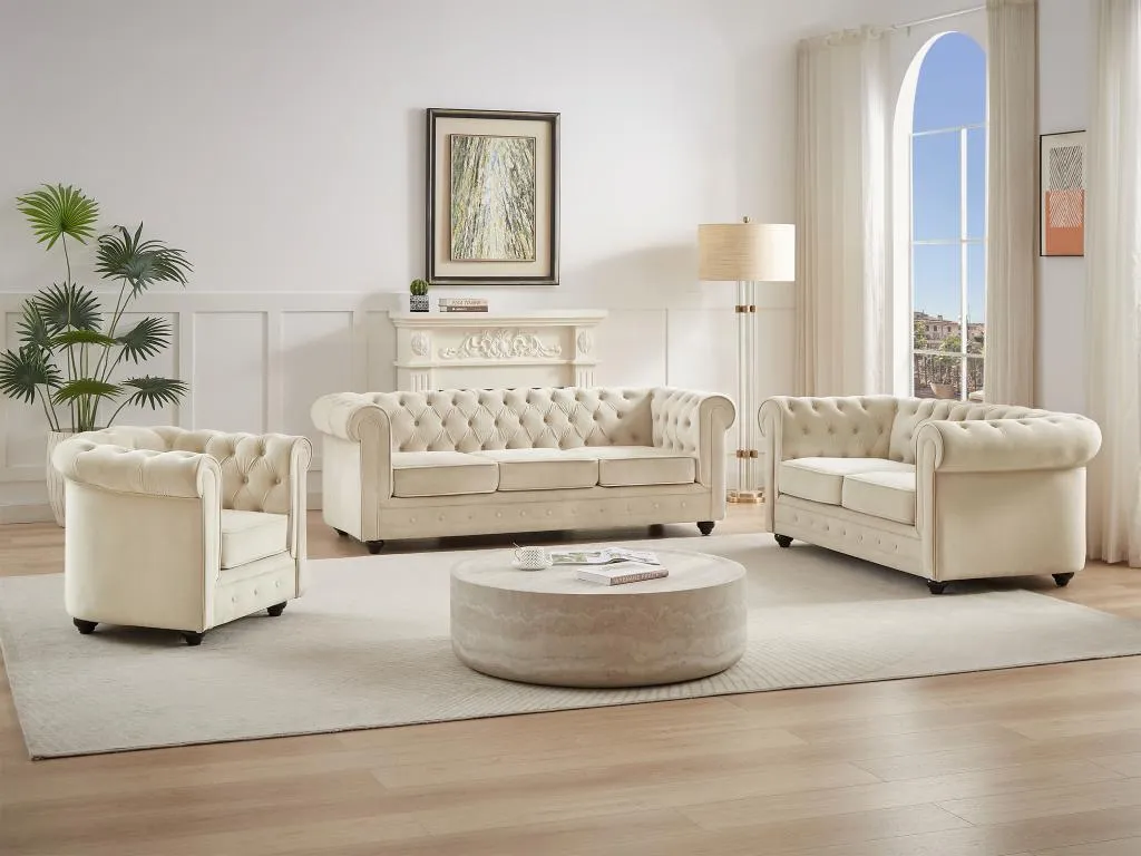 Sofá de 3 plazas 2 plazas y sillón de terciopelo beige estilo Banakdecoracion 24960KDRD
