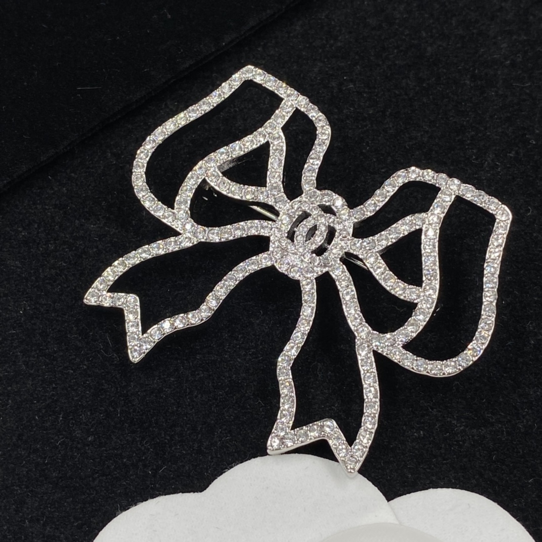 Chanel Full Diamond Paved Hollow Bow Silver Brooch - Original Replica Club
