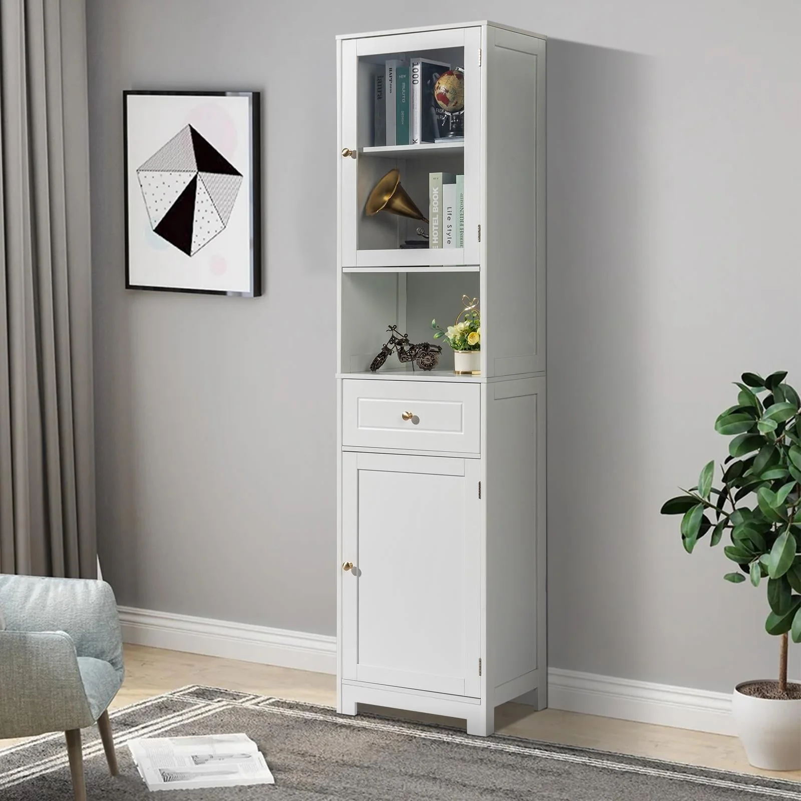 Ktaxon Large Bathroom Tall Storage Cabinet Organizer, Freestanding Line Tower Pantry Cabinet with Adjustable Shelves and 2 Cupboards for Kitchen Living Room Bedroom Office, 18"x13"x71", White - Image 8