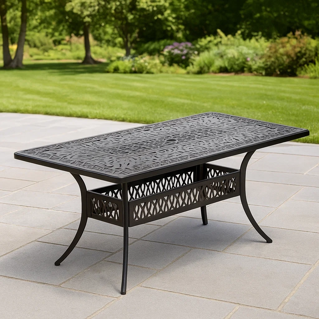 Mesa de comedor de terraza,negra,aluminio fundido,adecuado para jardín,148x88x72 cm