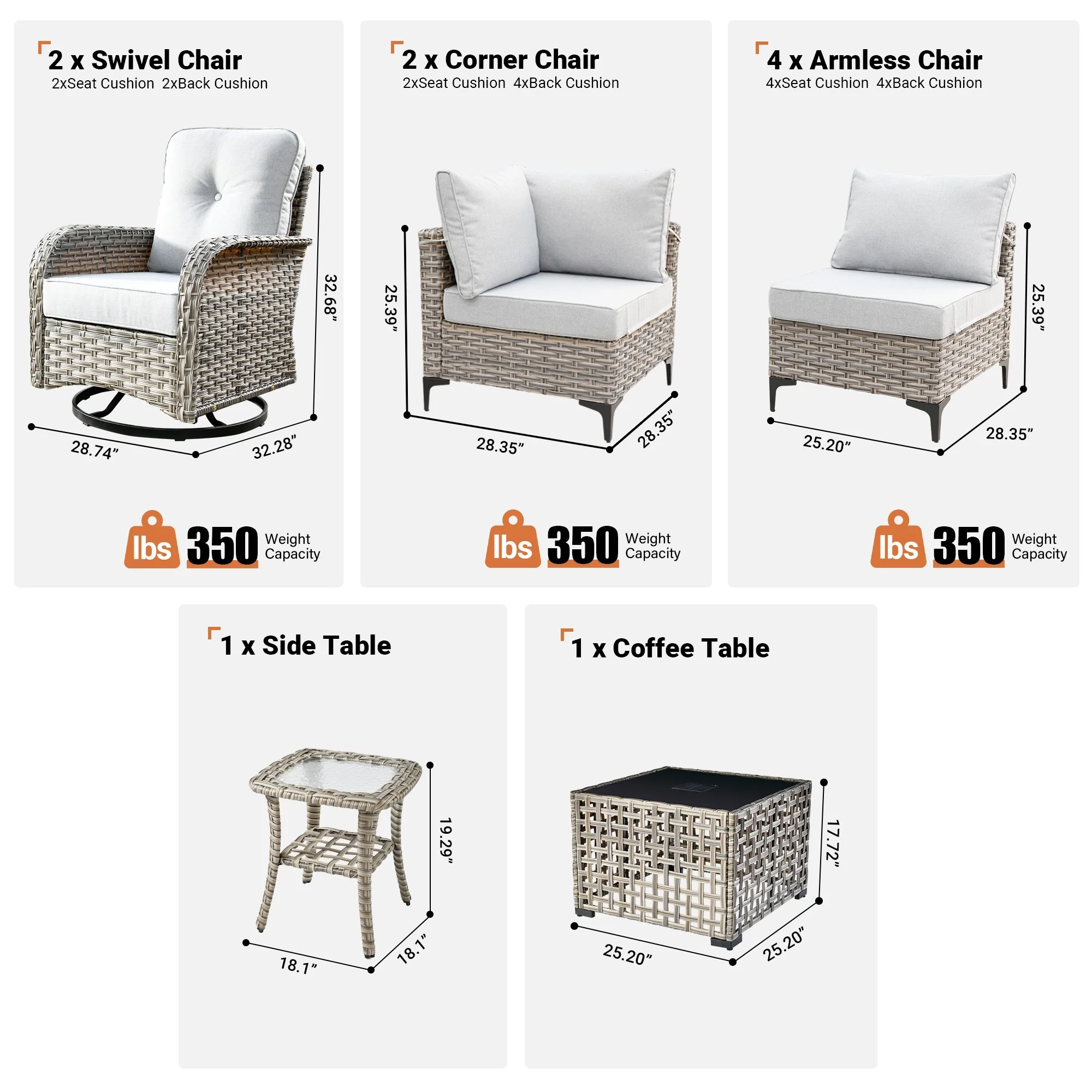 Vcatnet Outdoor Patio Furniture Sets 10 Pieces Sectional Sofa Wicker Conversation Set with Swivel Glider Chairs and Solar Powered Coffee Table for Porch,Backyard,Gray - Image 2