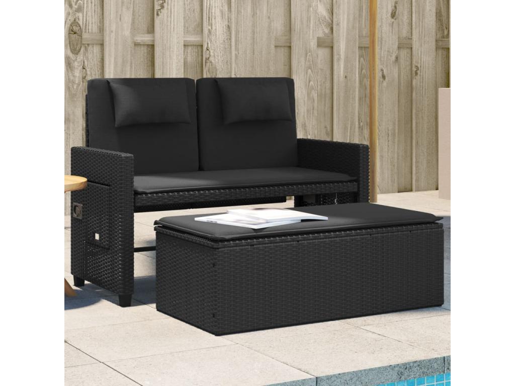 Sillón reclinable de jardín con cojines ratán sintético negro