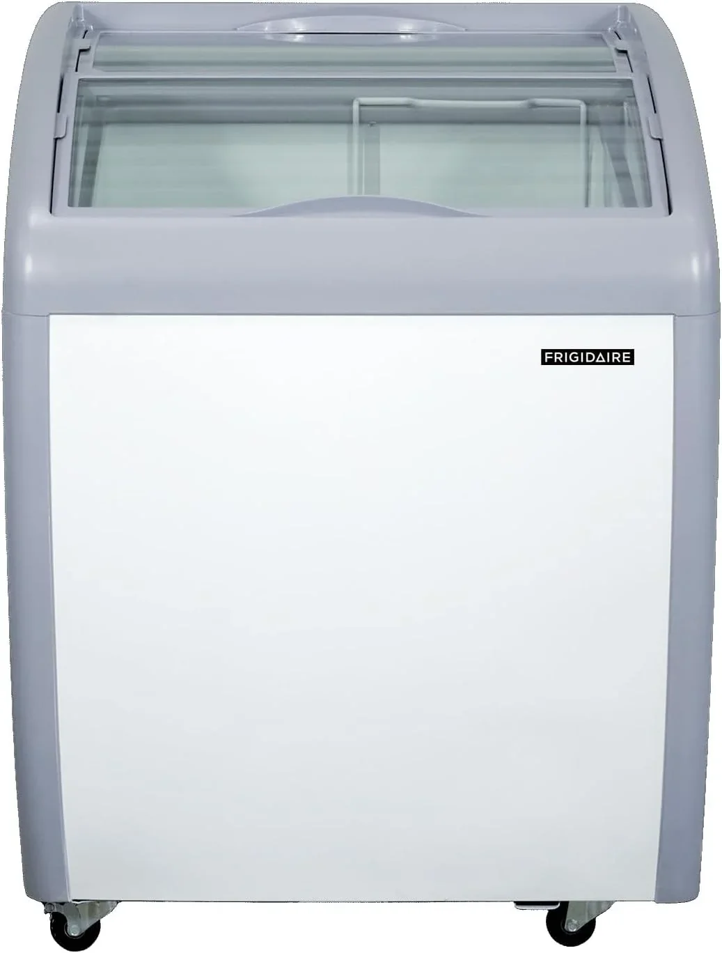 Frigidaire Commercial Chest Freezer for Ice Cream and Frozen Foods, Glass Top Display Storage Case, 4 Cu. Ft. Bin, Rolling Caster Wheels, Adjustable Temperature, Energy Efficient Cooling