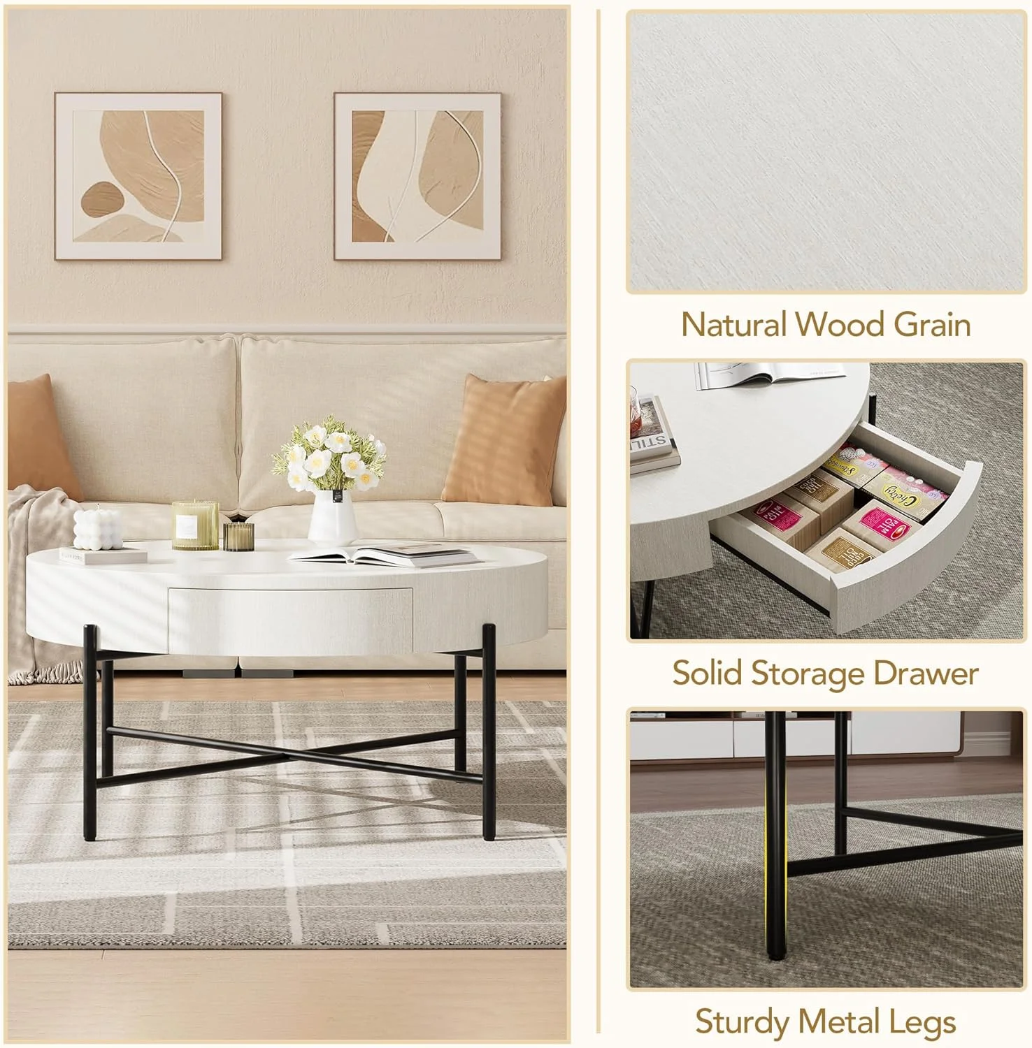 Round Coffee Table with Drawers Circle Living Room Table Wood Accent Coffee Table with Storage White Center Table (Natural) - Image 5