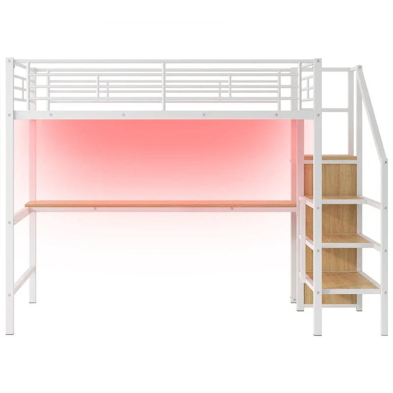 Complete Loft Bed Set with Desk, Storage Staircase, Compact Wardrobe, and LED Lighting