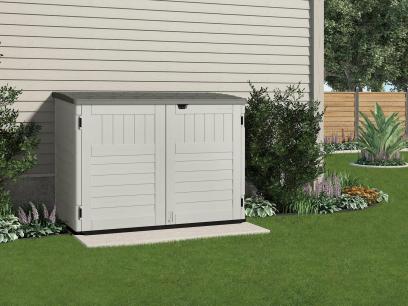 Suncast BMS4700 Resin Storage Shed, Off-White/Gray, 70.5′′W x 44.25′′D x 52′′H, Double Door, UV Resistant