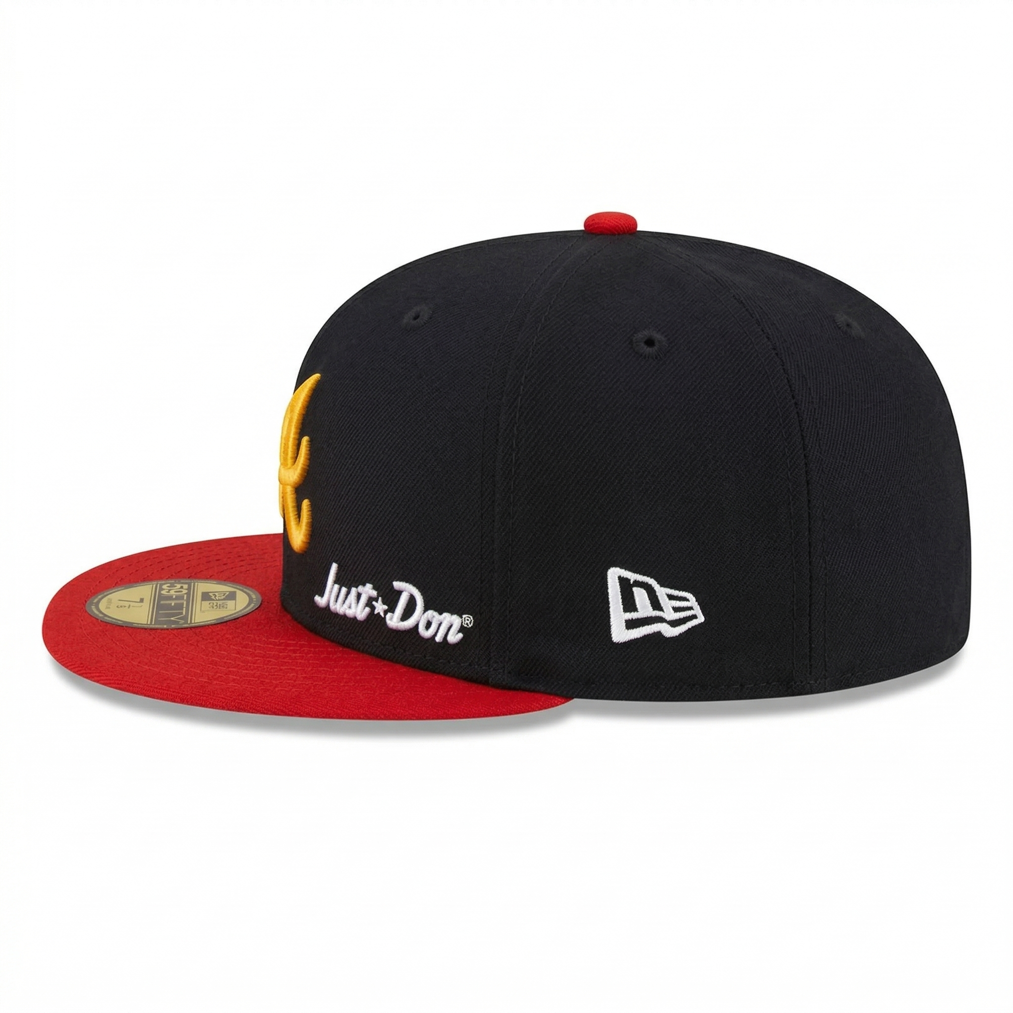 Left-side view of a black and red Atlanta Braves fitted hat showing the front logo, white script embroidery, and New Era flag