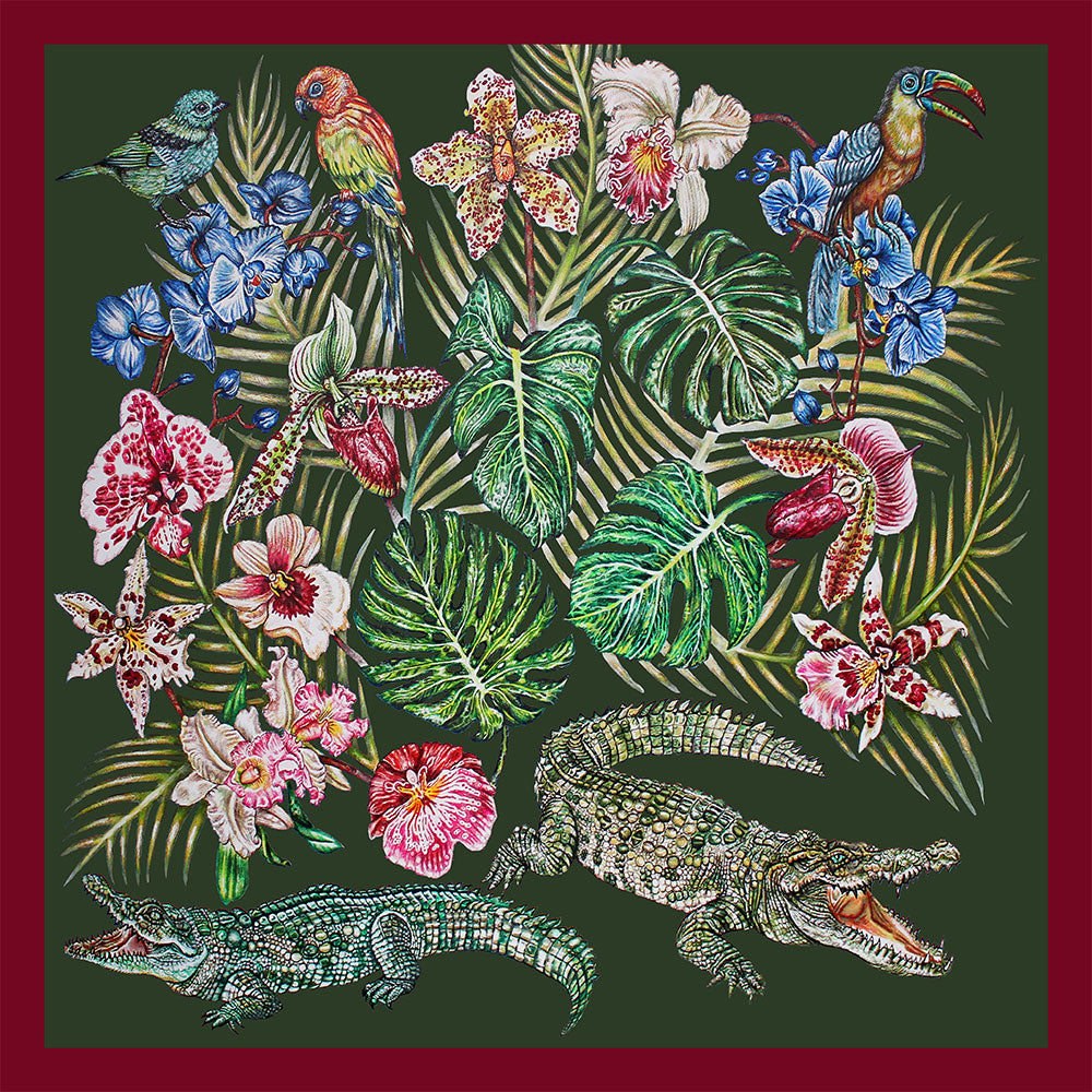 FOULARD LALIQUE BY GINNY LITSCHER DESSIN JUNGLE VERT FONCÉ - DESSIN JUNGLE VERT FONCÉ, 100% SOIE
