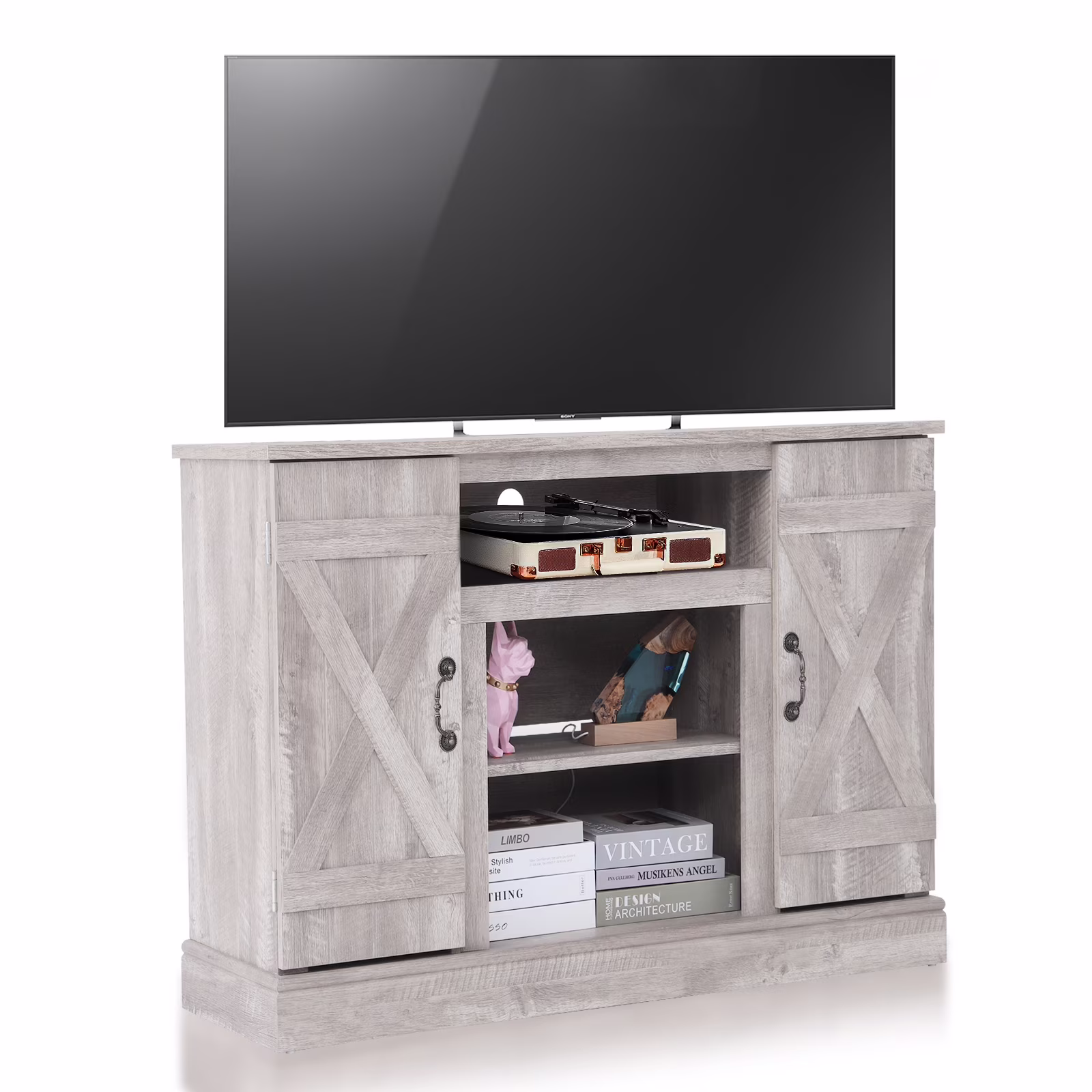 TV Stand for 65 Inch TV, Entertainment Center with Two Glass Barn Doors and Storage Cabinet Table, Farmhouse Style Media Console Table for Living Room(Coffee)