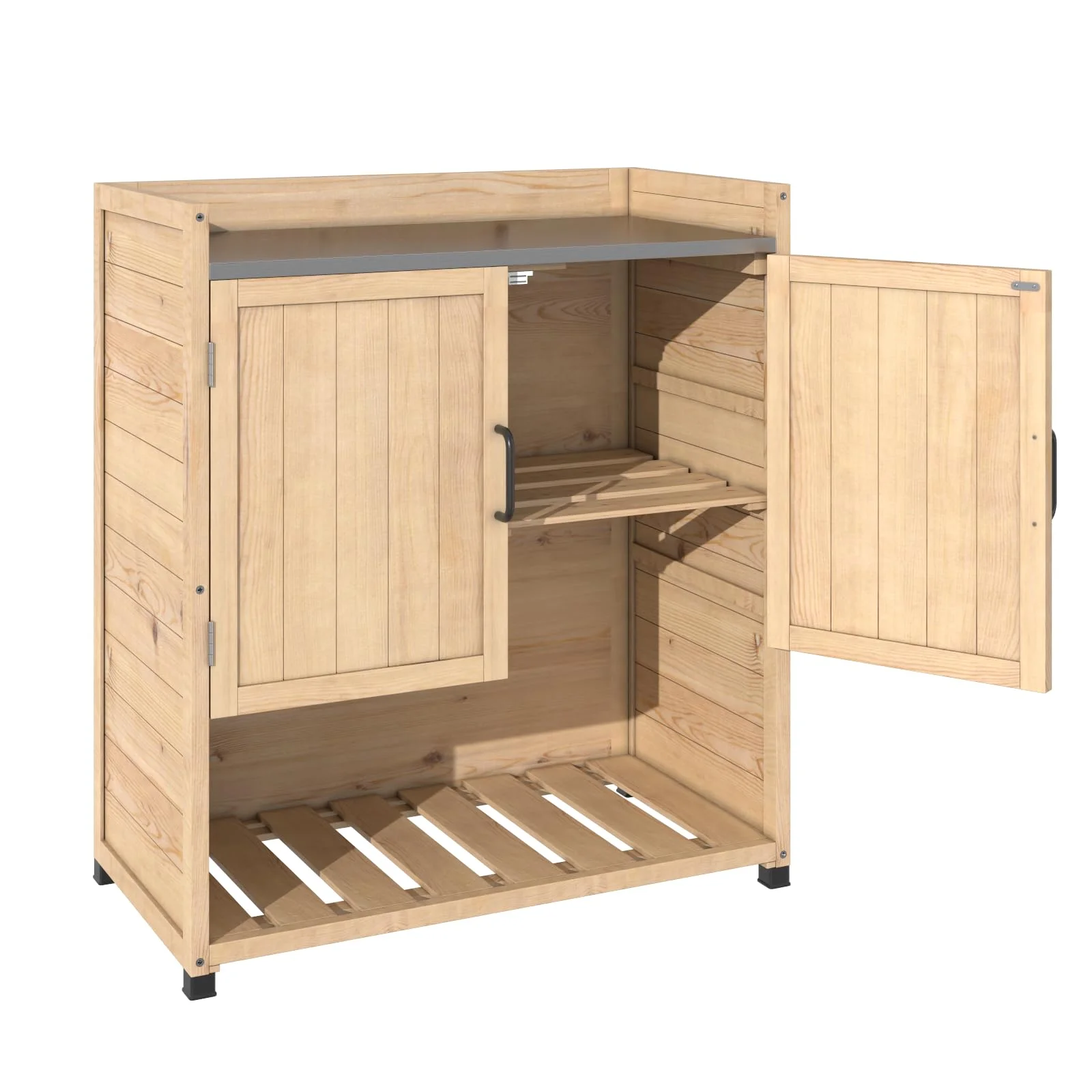 YODOLLA Potting Bench, Wooden Outdoor Storage Cabinet with Adjustable Shelf, Patio Storage with Metal Tabletop, Potting Table for Garden, Patio and Lawns, Gray - Image 17