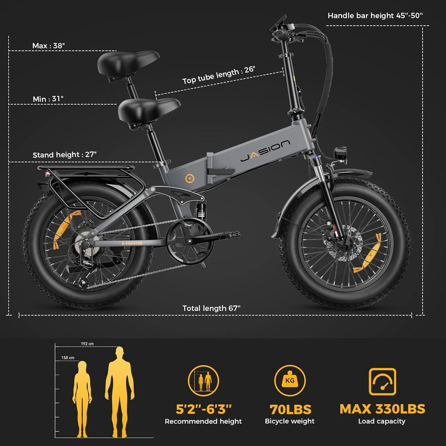 Jasion X-Hunter Electric Bike for Adults, 750W Motor Electric Bicycle with 48V 13AH Removable Battery, 20" x4.0 Fat Tire Folding Ebike, Full Suspension, 7-Speed Bicycles - Image 10