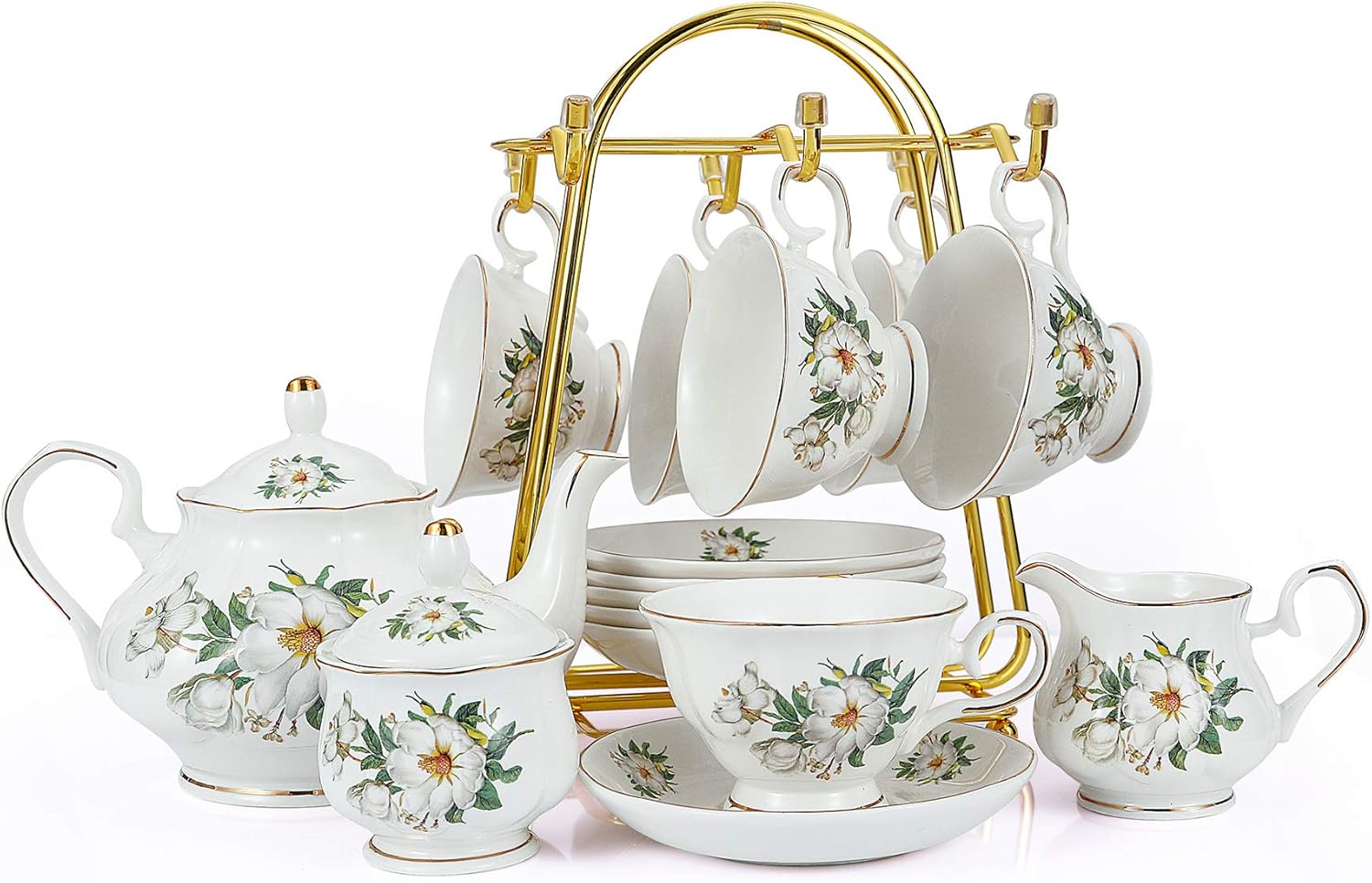 CHENP.HMC Tea Set 22-Piece Porcelain Ceramic Coffee Tea Gift Sets Cups Saucer Service for 6 Teapot Sugar Bowl Creamer Pitcher and Teaspoons (WHITE3)