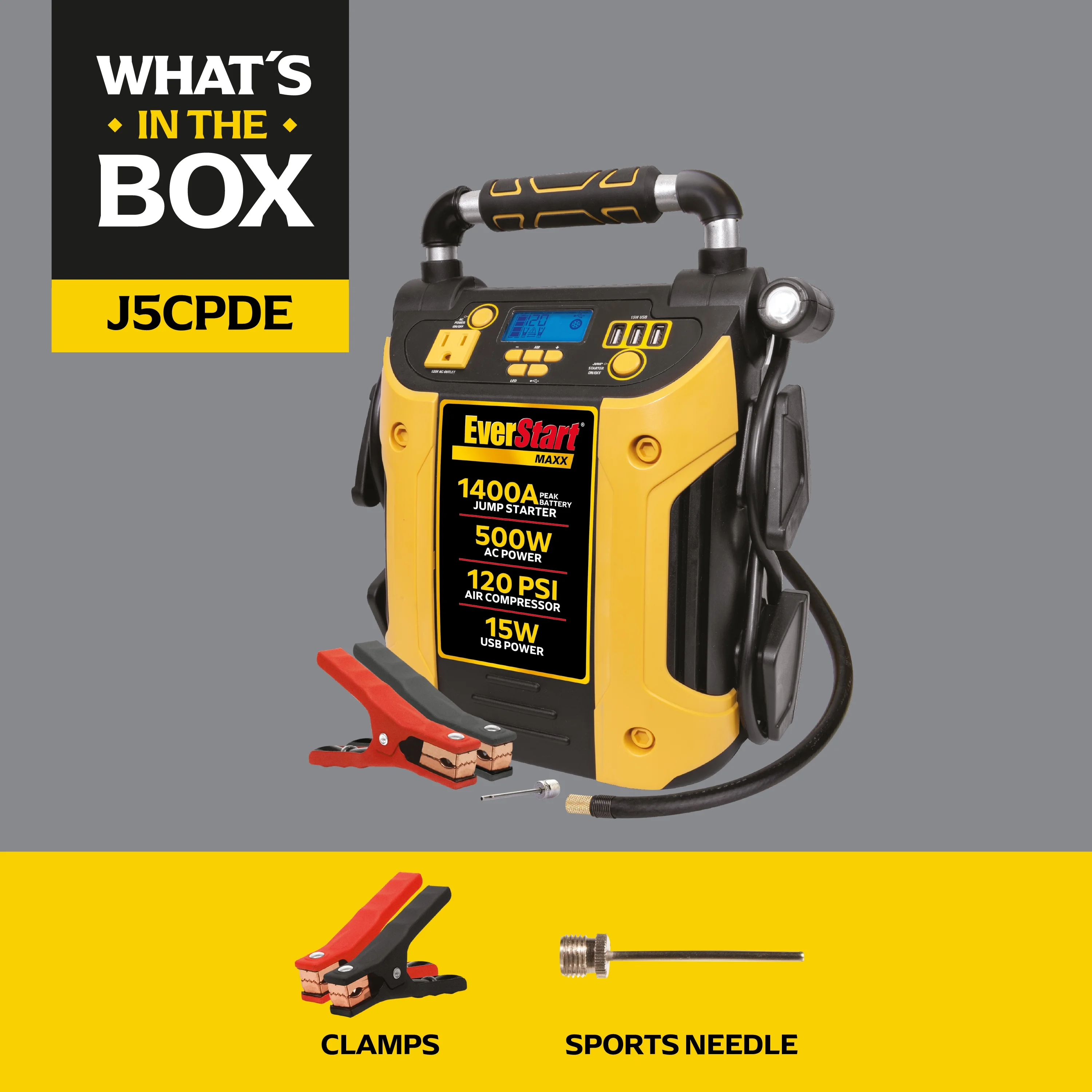 EverStart Maxx J5CPDE 1400 Peak Amps Jump Starter, Power Station, 500W Inverter, 120 PSI Compressor - Image 2