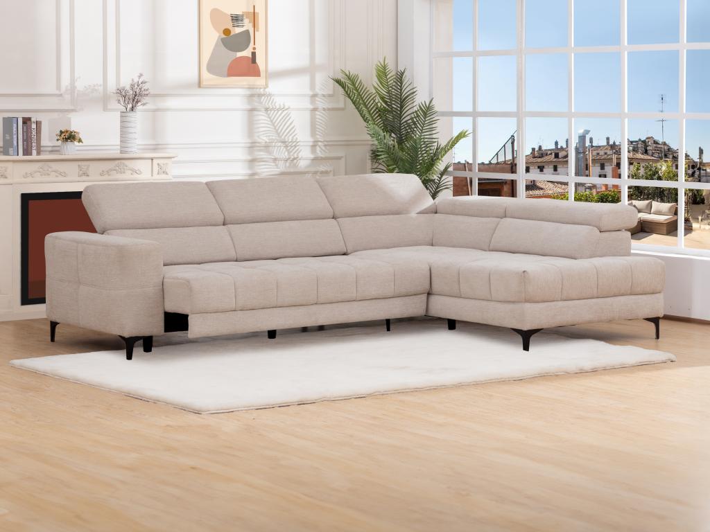 Sofá rinconera derecho relax eléctrico con asiento deslizante de tela beige MONISO
