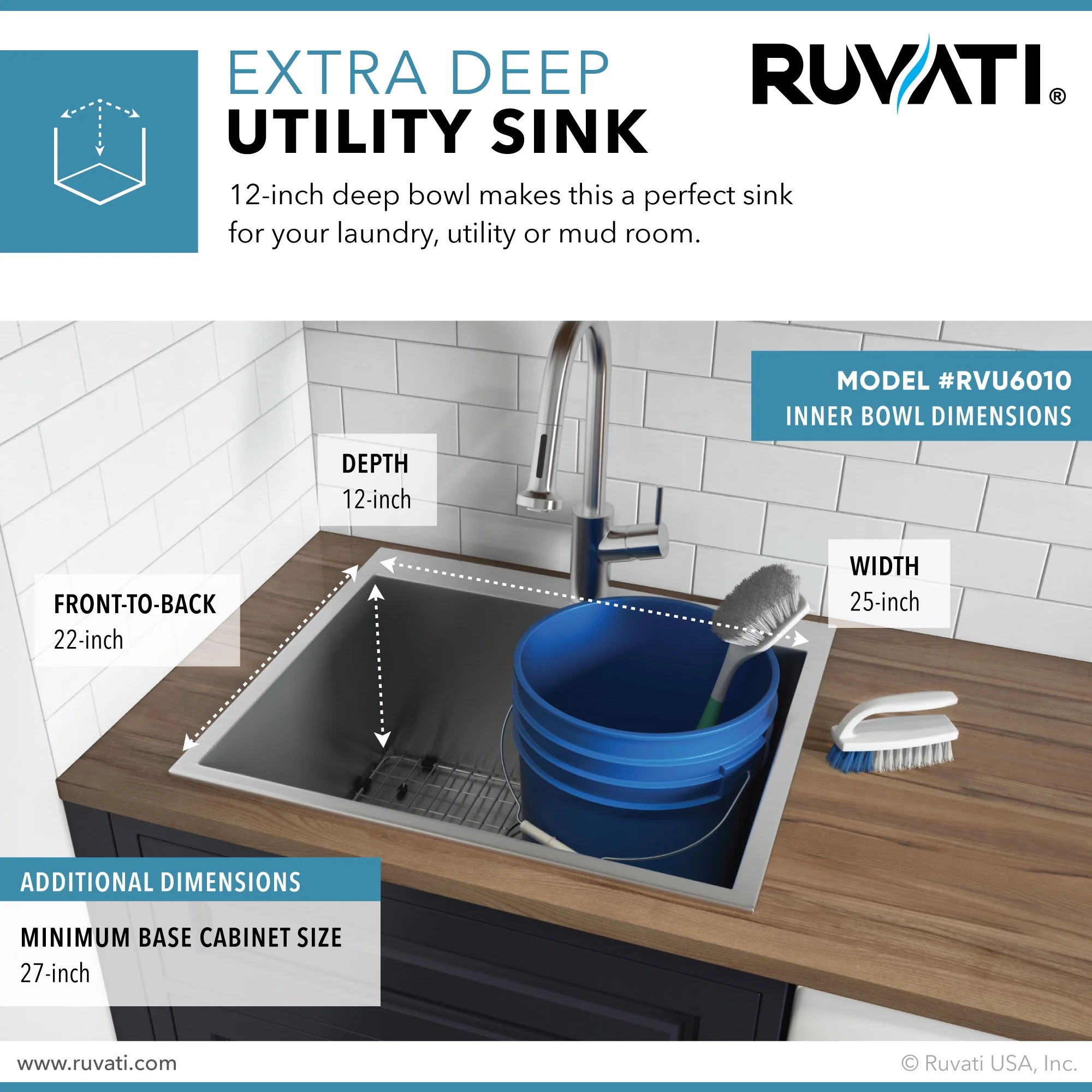 Ruvati RVU6010 25 x 22 x 12 in. Topmount Laundry Utility Sink Deep 16 Gauge Stainless Steel - image 4
