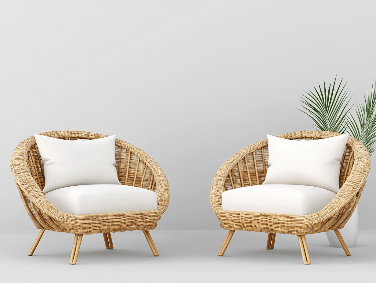 Sillón de exterior de ratán sintético con cojines blancos (×2) – estructura redonda – estilo bohemio
