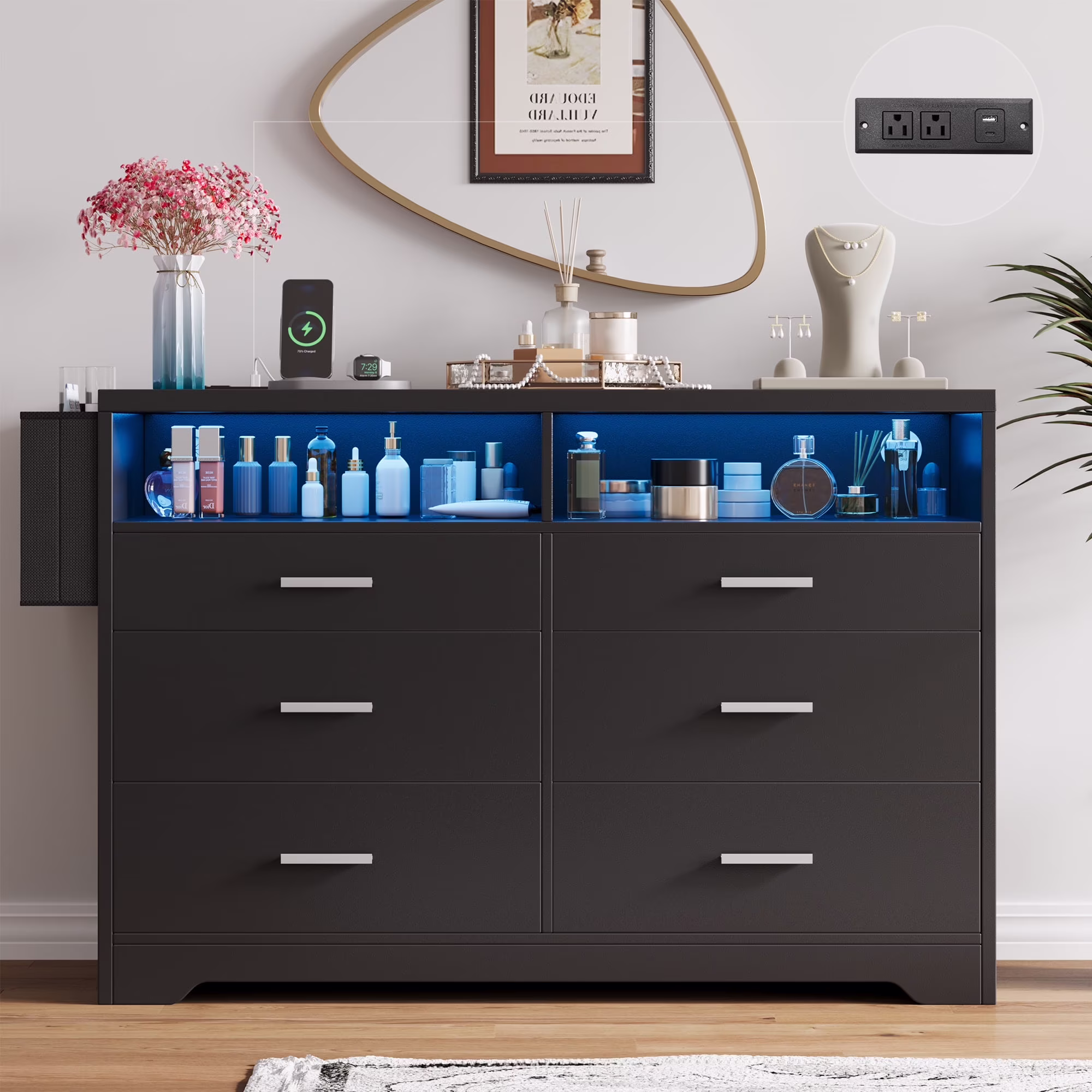 White Dresser for Bedroom,6 Drawers Dresserwith LED Lights and Charging Station, 47
