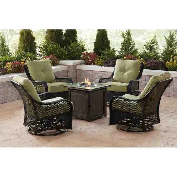 2025 5-Piece Steel Patio Fire Pit Conversation Set with Navy Blue Cushions, Swivel Gliders and Square Fire Pit Table