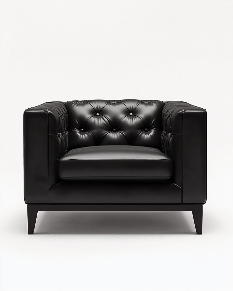 Sillón estilo Chesterfield en piel sintética negra con respaldo acolchado