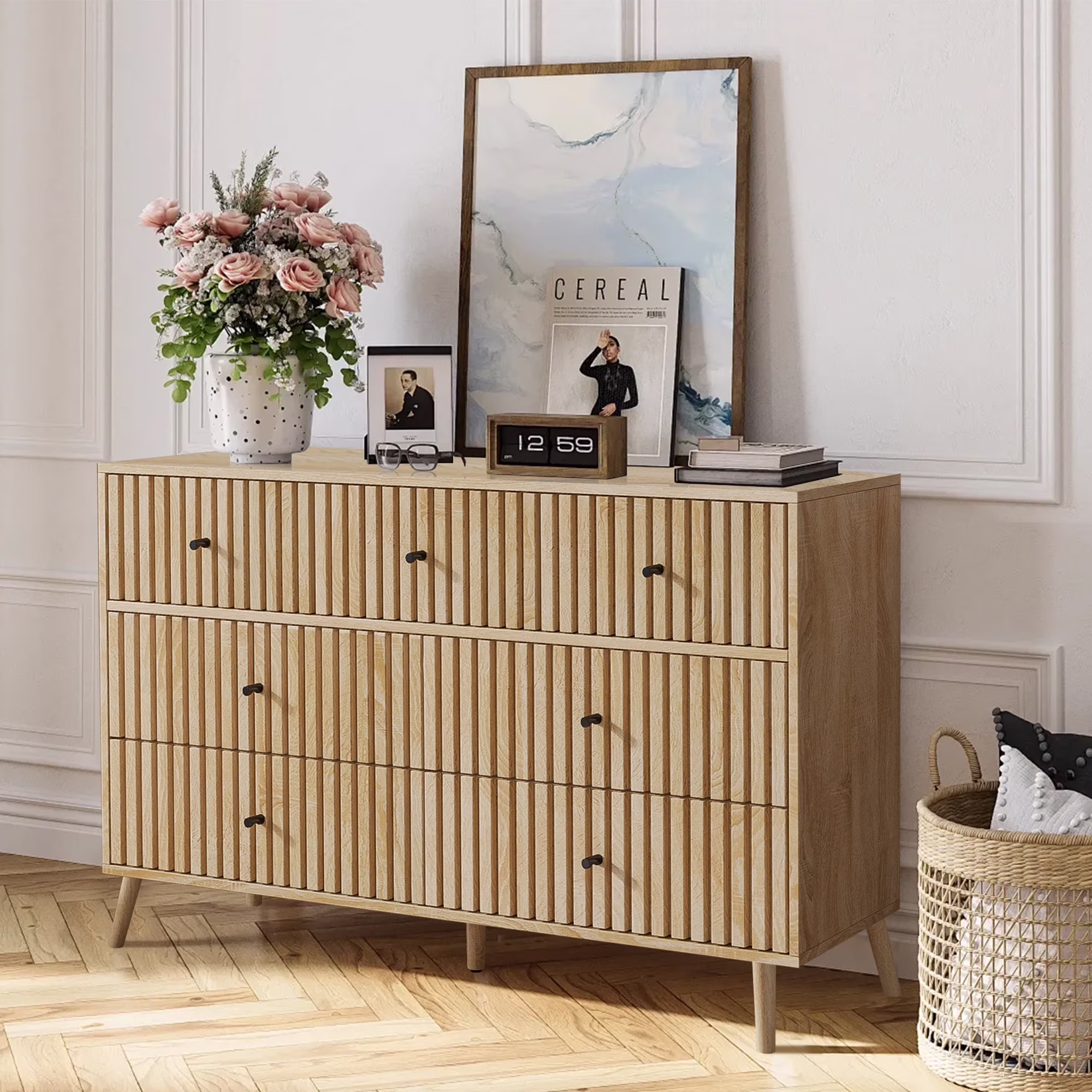 Oubayajia 7 Drawer Double Dresser, Fluted Chest of Drawers, Wood Storage Cabinet for Bedroom, Living Room, Hallway, Walnut