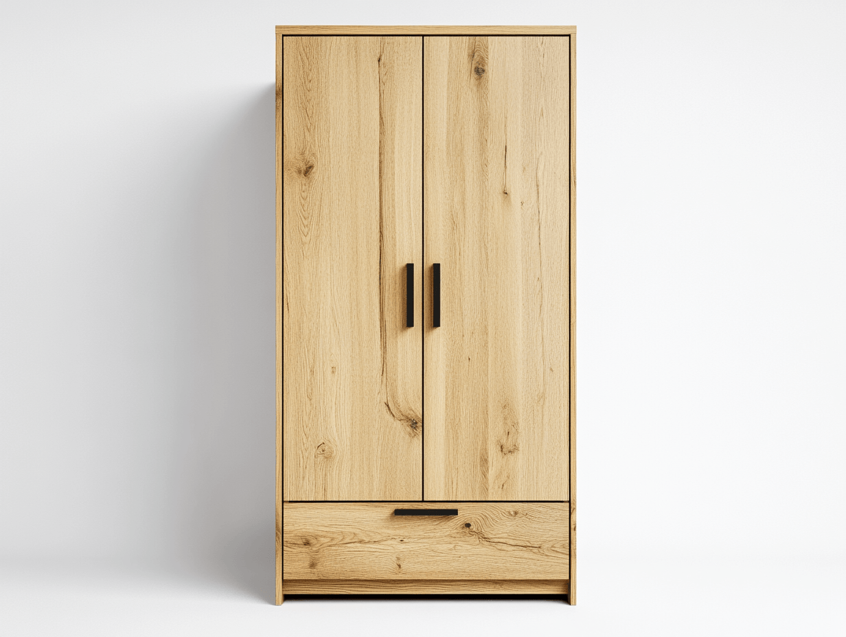 Armario de madera clara con dos puertas y un cajón