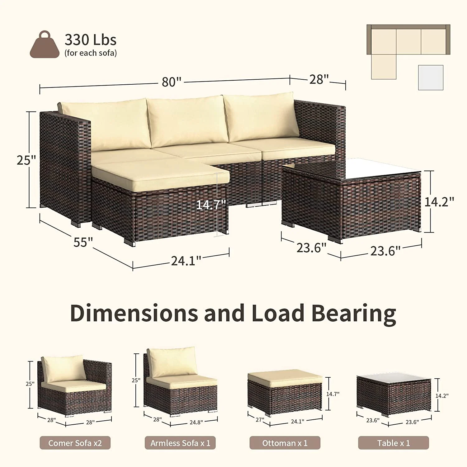 Aiho 7-Piece Rattan Patio Furniture Set , Outdoor Sectional Furniture Set for Patio, Garden, Backyard, Grey - Image 28