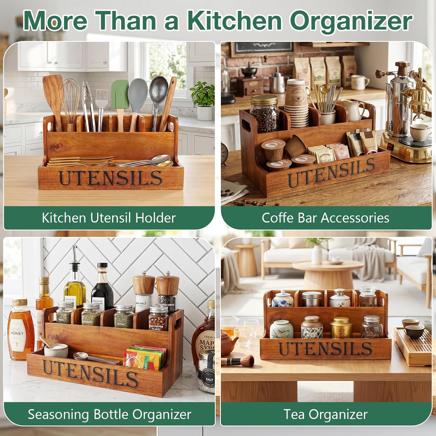 TREWAVE Wooden Utensil Holder for Kitchen Countertop, Large Acacia Wood Kitchen Utensil Organizer with 4 Compartments, Farmhouse Silverware Caddy for Spatula, Ladle & Cooking Tools
