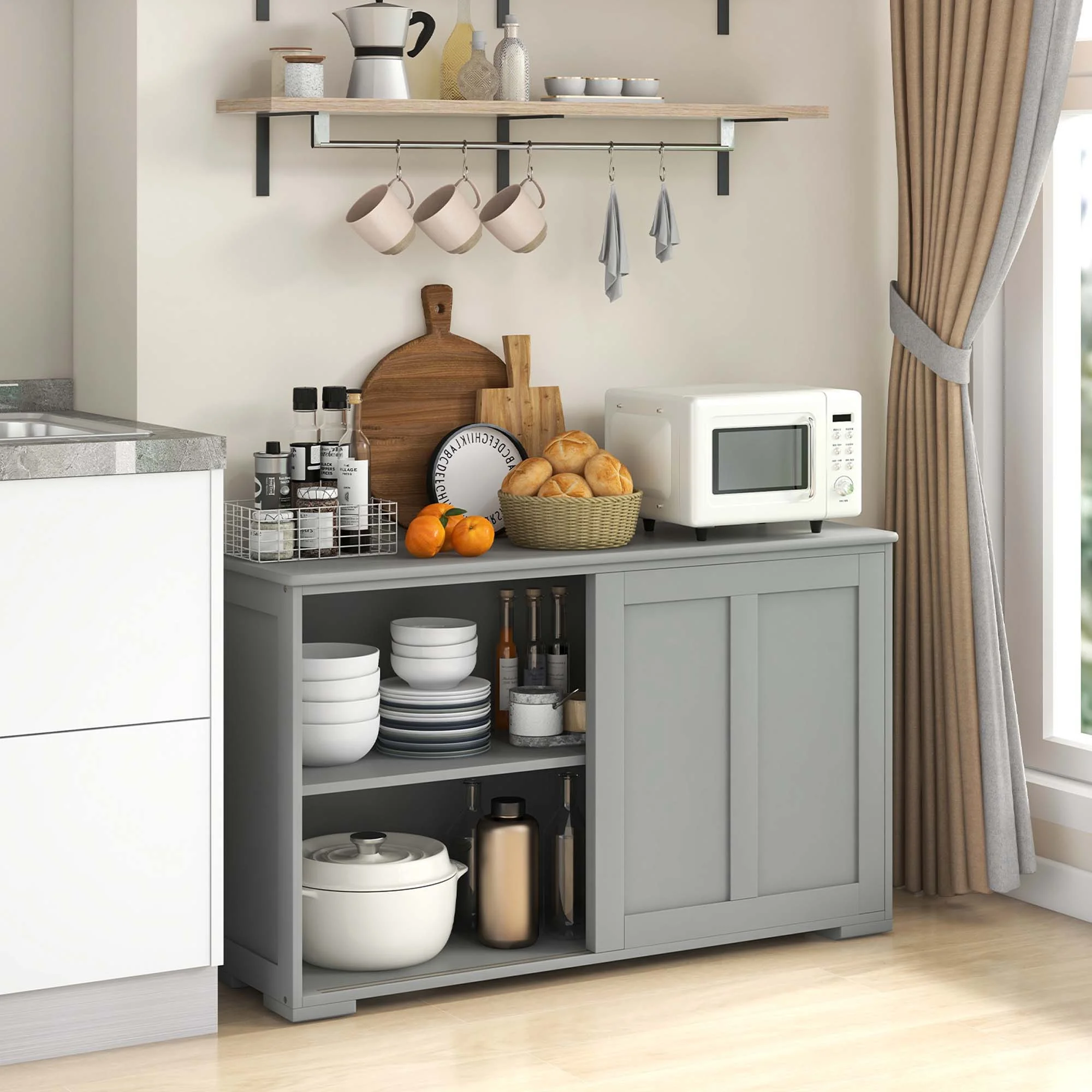 Costway Kitchen Storage Cabinet Sideboard Buffet Cupboard Wood Sliding Door Pantry White - Image 38
