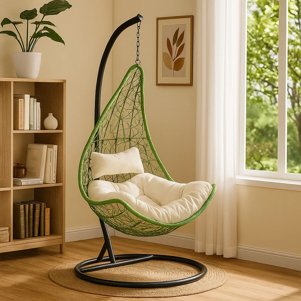 Sillón Colgante de 1 Plaza con Estructura Metálica, Resina Trenzada Verde y Cojín Blanco - ZNBrgYj240Gi