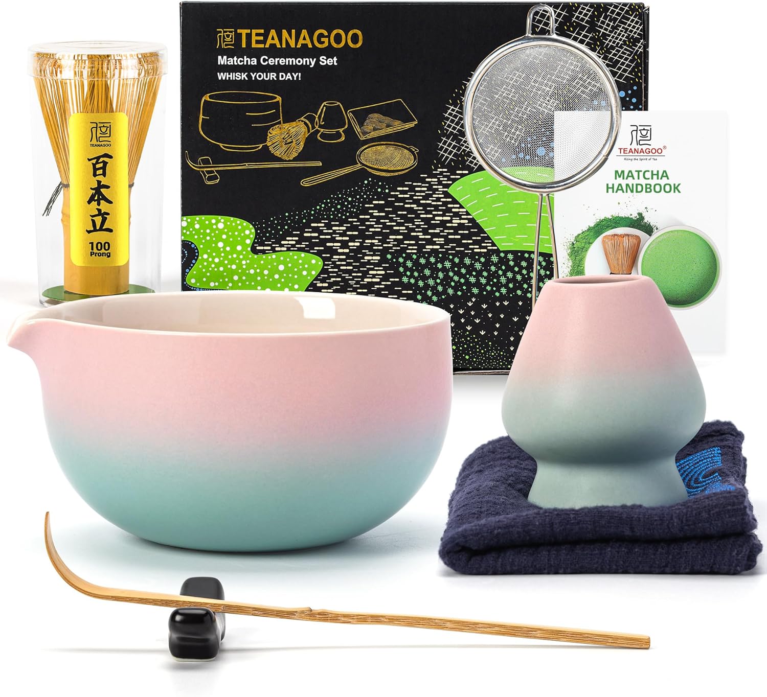 TEANAGOO Matcha Whisk Set Black,7 Pcs Matcha Set,Matcha Kit for Ceremony,Tradition Tea Set for Making Breakfast/Latte,Matcha Whisk Set with Bowl(Chawan)/Whisk and Holder,Gift for Family/Friend