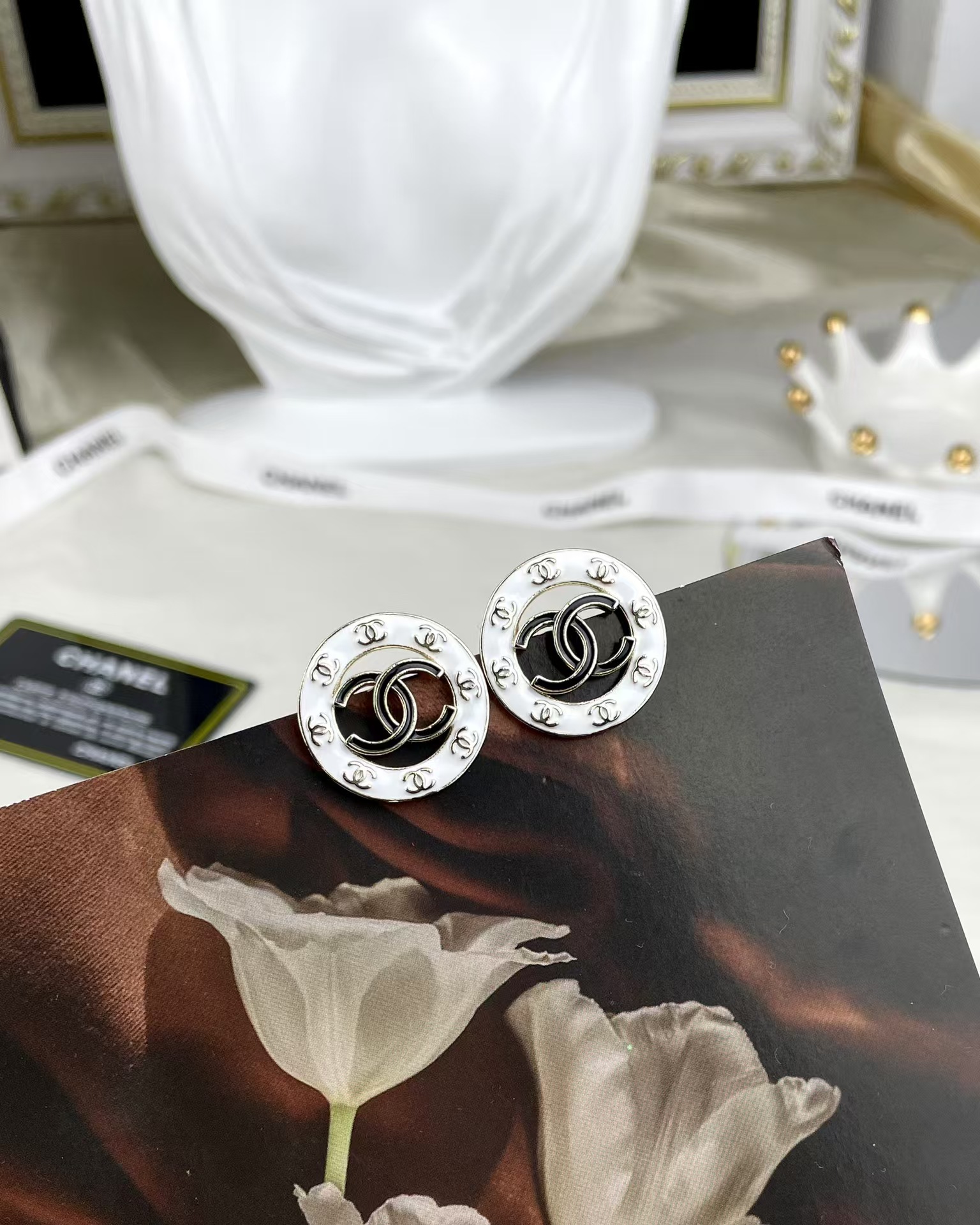 Chanel Round White and Black Enamel Stud Earrings - Original Replica Club