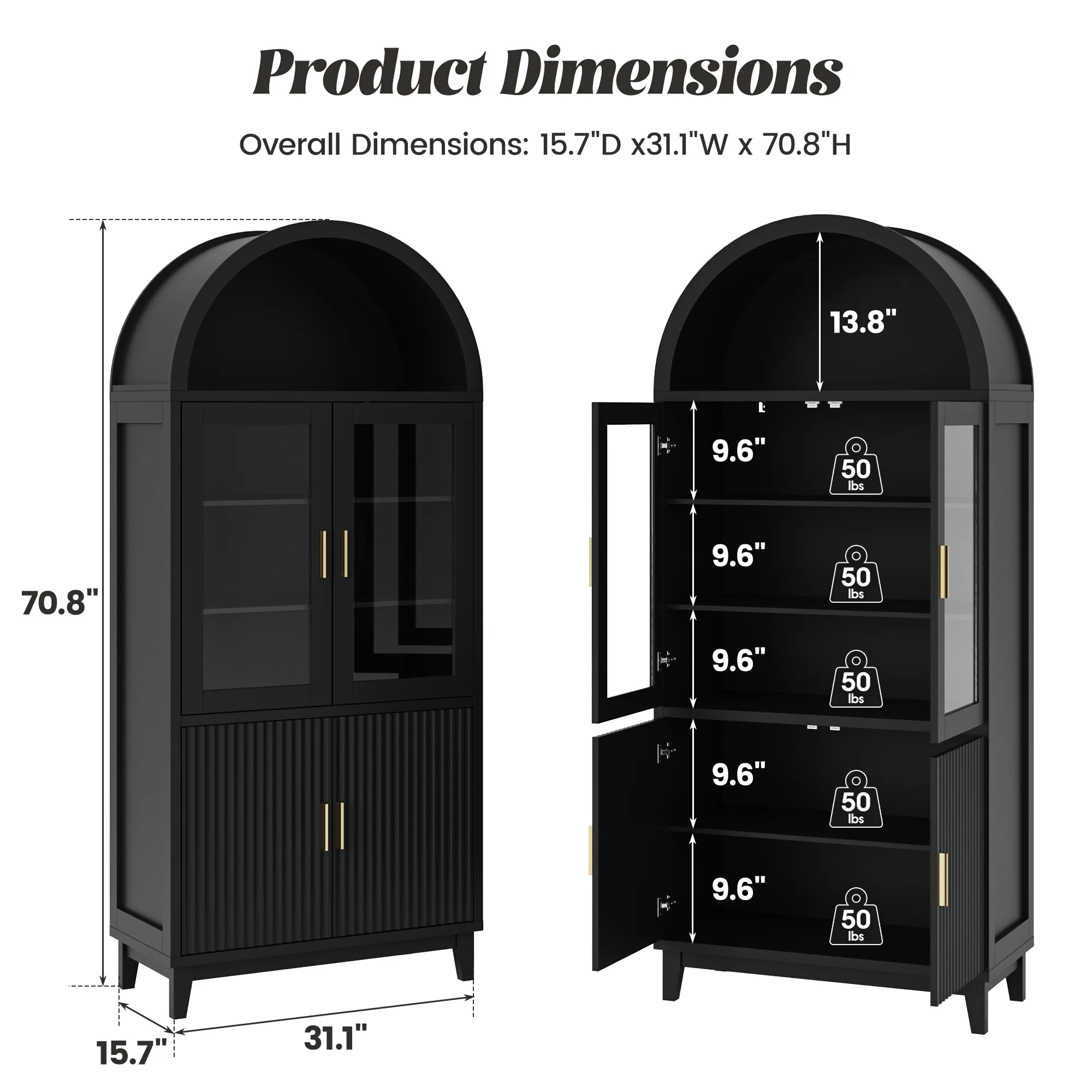 VEANERWOOD 71" Tall Arch Cabinet, Wood Fluted Kitchen Kitchen Storage Cabinet with 4 Doors and 6 Shelves for Dining Room Living Room - Image 9