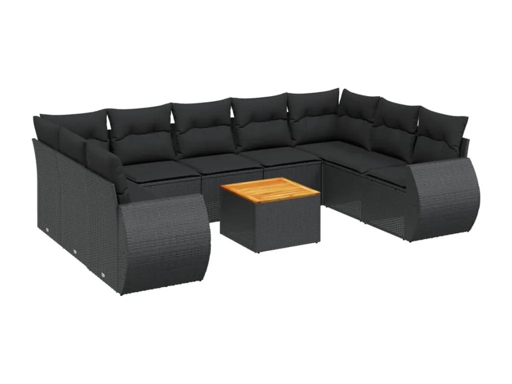 Set de sofás de jardín con diez piezas y cojines en ratán sintético negro  QQ1825150