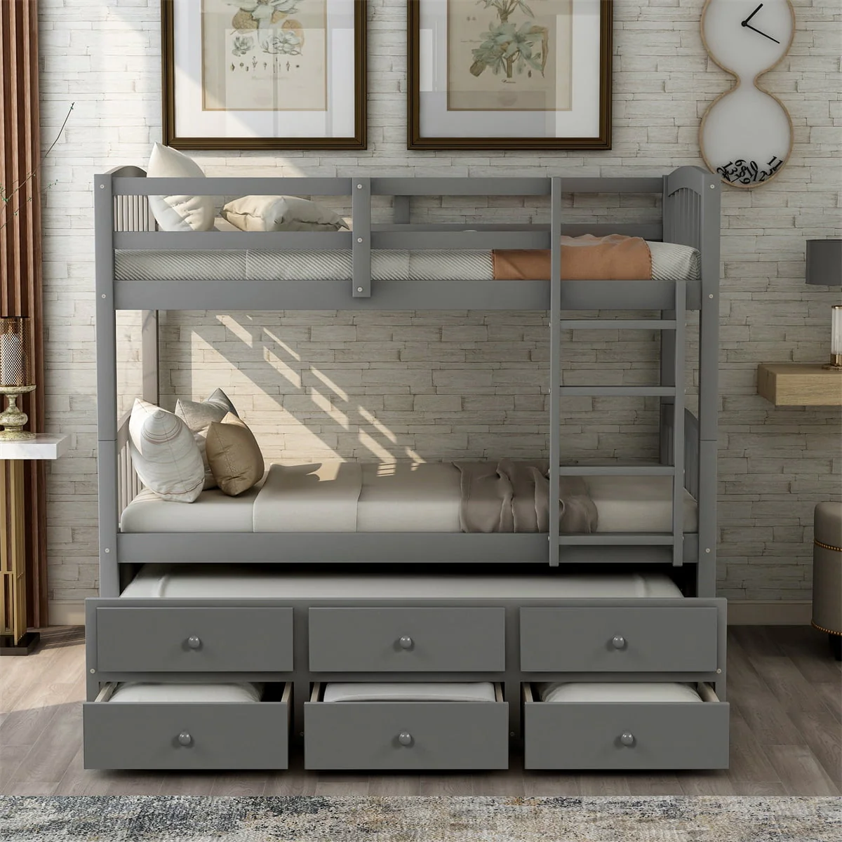 Twin-Over-Twin Bunk Bed with 3 Storage Drawers, Twin Bunk Bed Frame with Ladder & Safety Rail, Pinewood Trundle Bunk Bed for Teen Bedroom, Guest Room Furniture, Can be Convertible to 2 Beds, Gray - Image 2