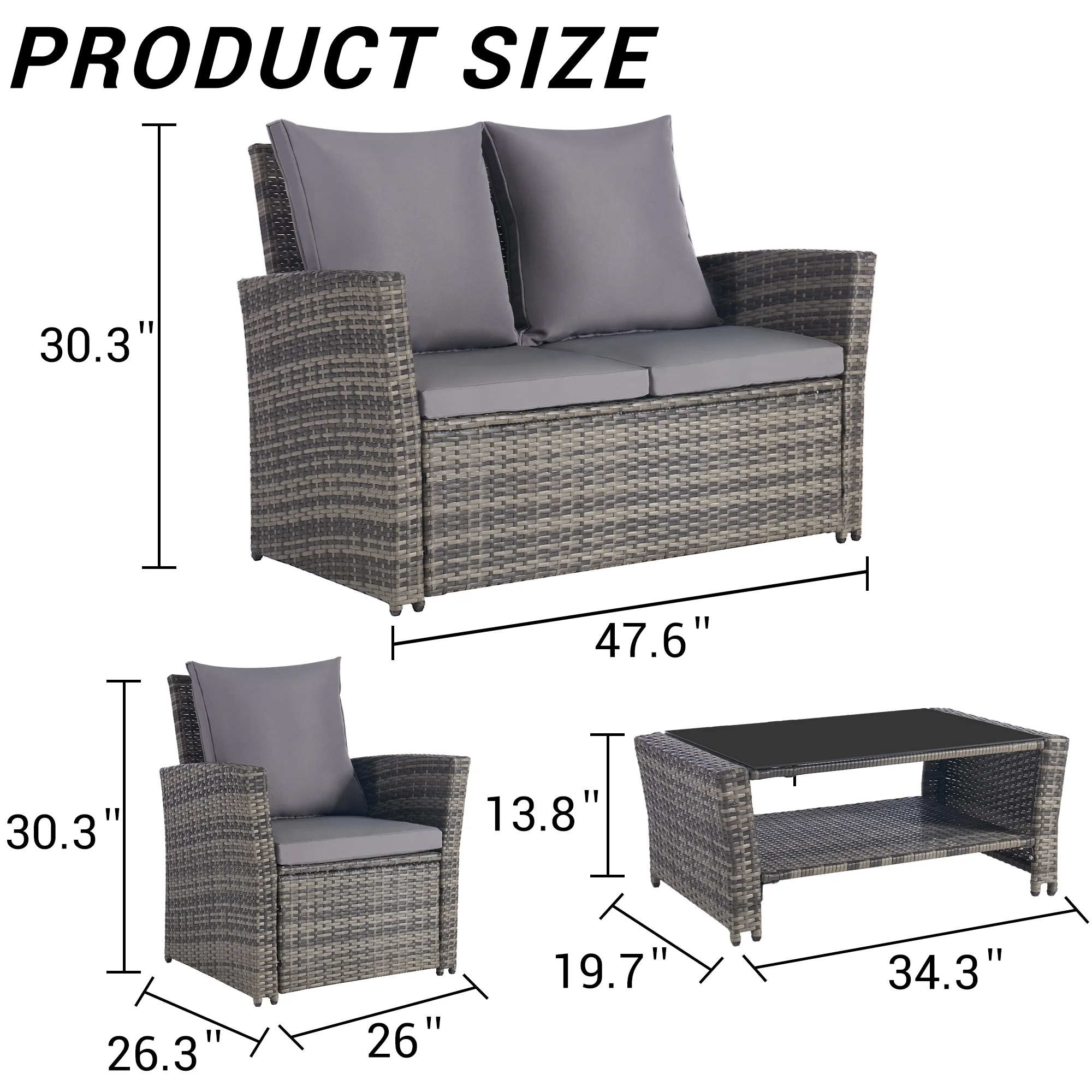 4 Pieces Outdoor Patio Furniture Sets Garden Rattan Chair Wicker Set, Poolside Lawn Chairs with Tempered Glass Coffee Table Porch Furniture - Image 6