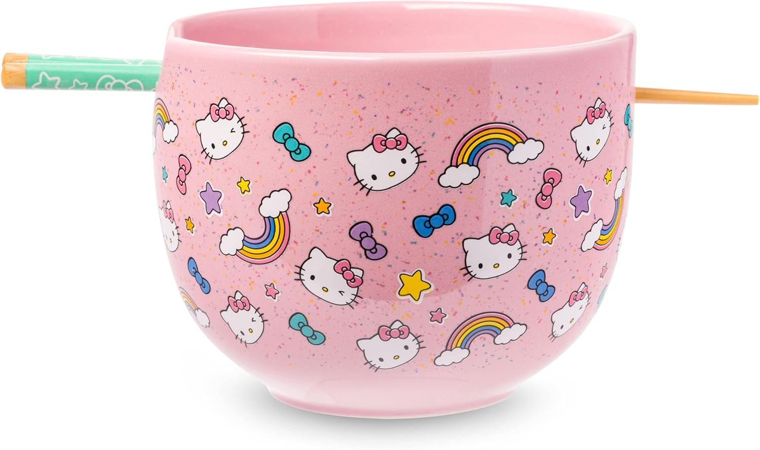 Silver Buffalo Sanrio Hello Kitty Bows Stars Rainbow Pattern Ceramic Ramen Noodle Rice Bowl with Chopsticks, Microwave Safe, 20 Ounces