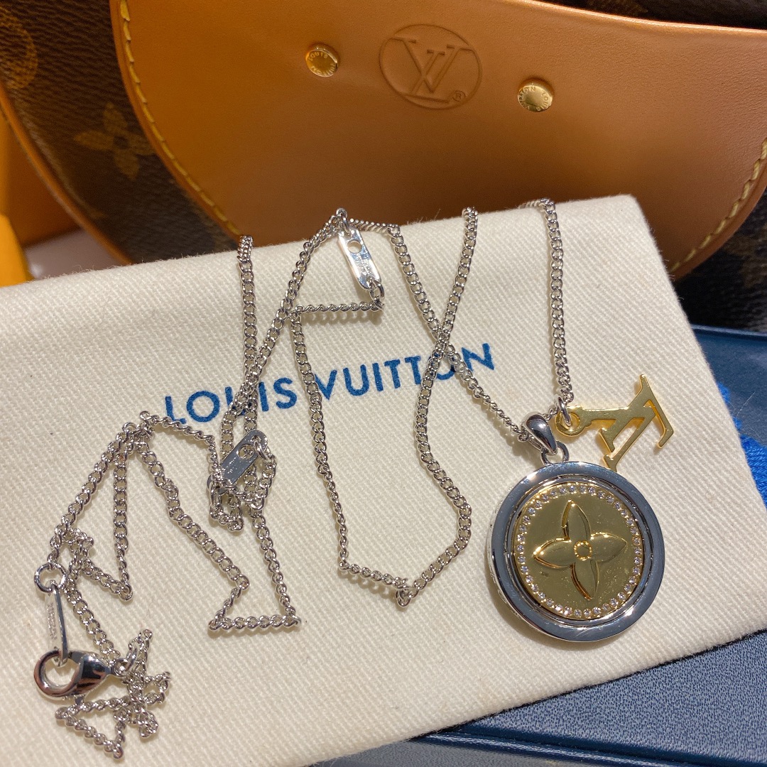 Louis Vuitton Two-Sided Silver Gold Round Rotating Pendant Necklace - Original Replica Club