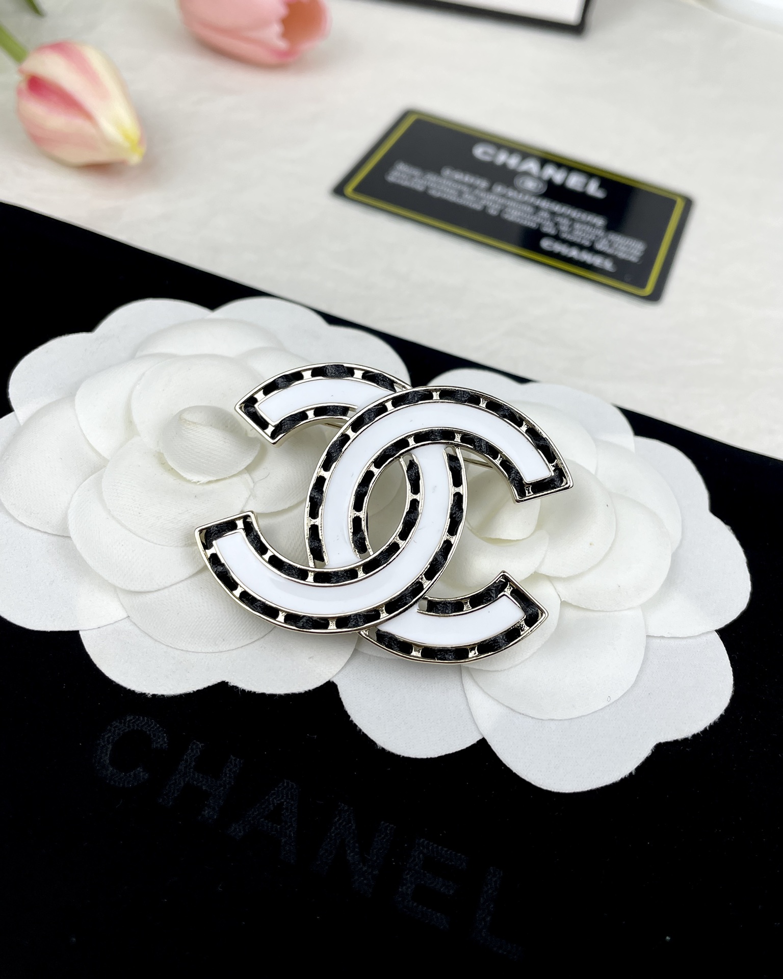 Chanel White Enamel Leather Woven CC Brooch - Original Replica Club