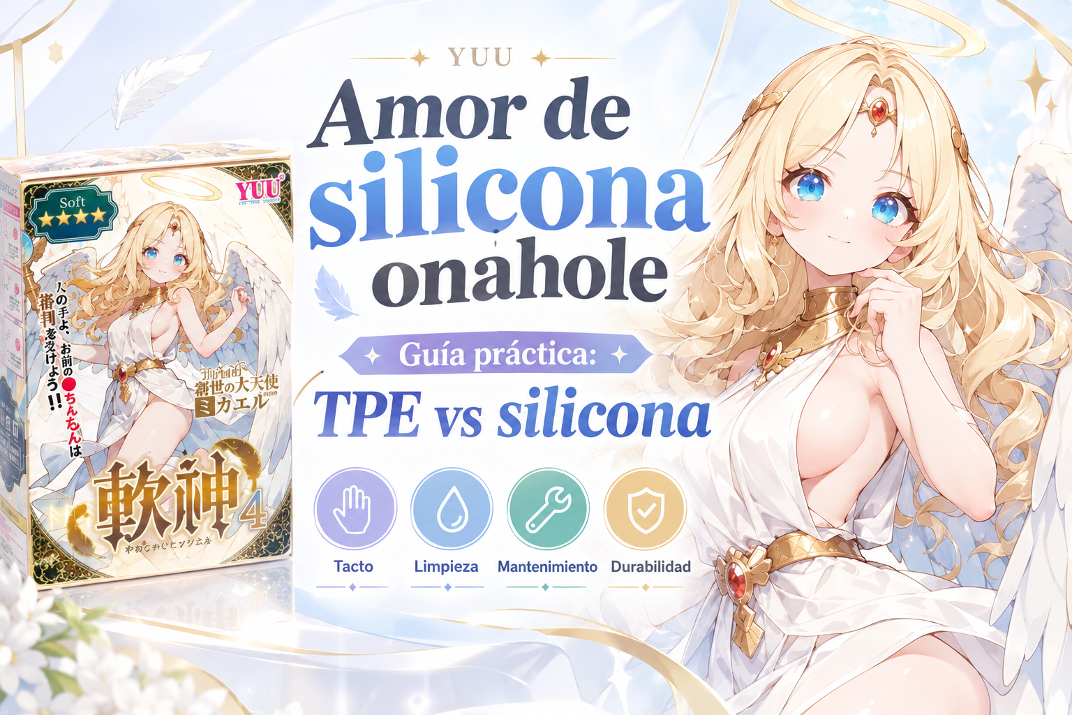 Comparativa entre TPE y silicona para elegir un onahole, con una ilustración de personaje anime y un producto de fondo