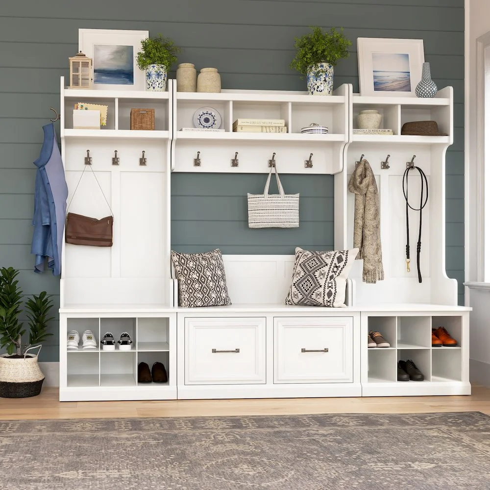 Woodland 24W Hall Tree & Shoe Bench w/ Drawer in White Ash - Engineered Wood - Image 11