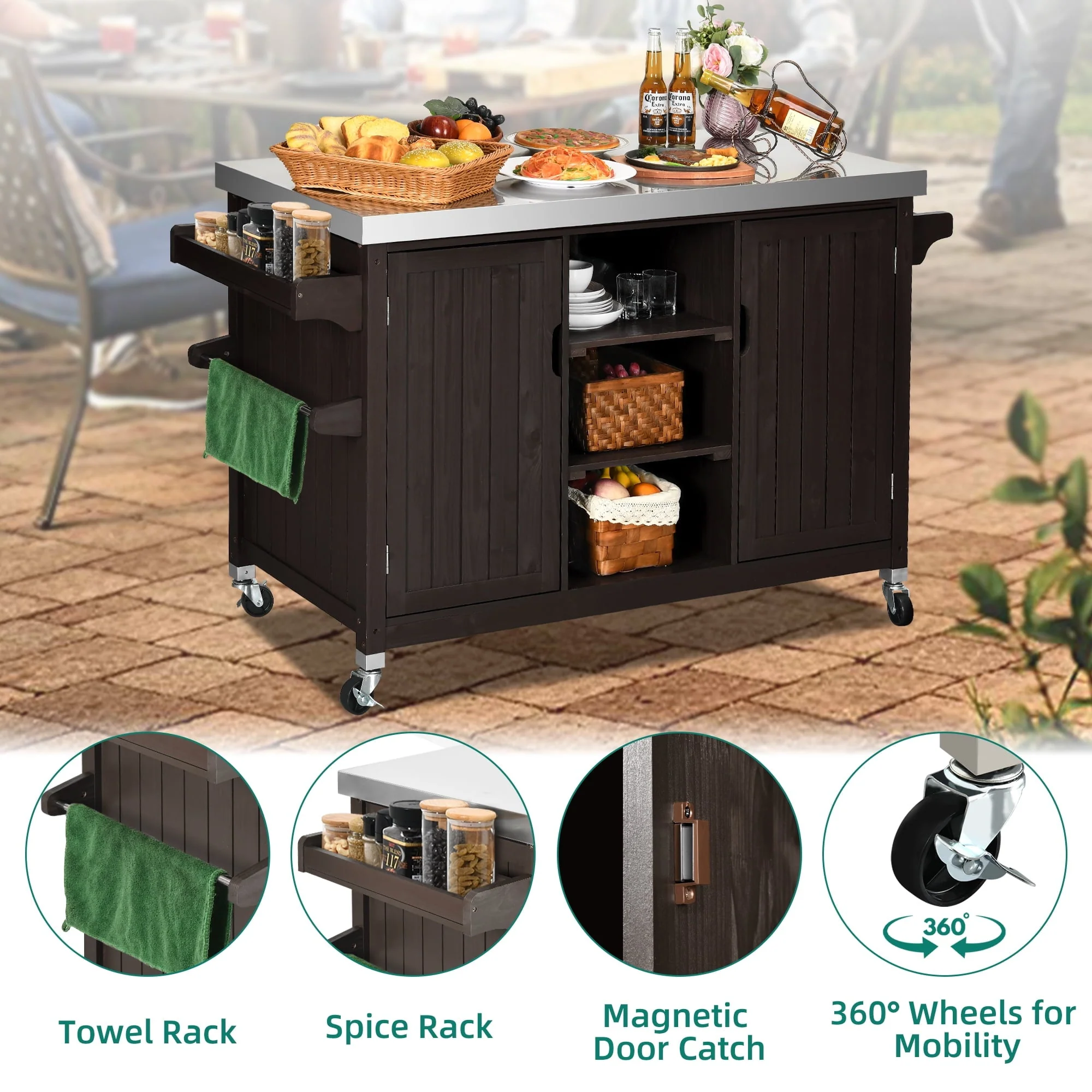Dextrus XL Solid Wood Outdoor Storage Cabinet - Versatile Movable Outdoor Grill Cart with Stainless Steel Top, Spice Rack, and Side Handle, BBQ Patio Table, Outdoor Small Kitchen Table - Image 4