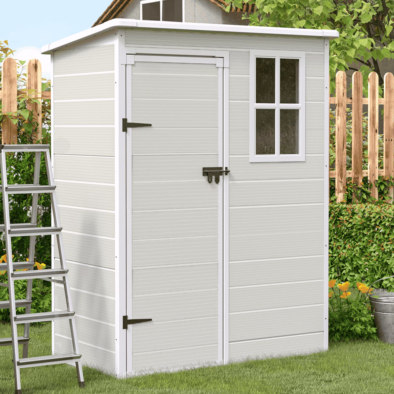 ELPOSUN Outdoor Storage Shed 6x4.5 ft, Resin Outside Sheds & Outdoor Storage Plastic for Trash Can, Bike, Lawnmower, Generator, Tool Shed with Lockable Door for Backyard, Lawn, Patio, Grey & White - Image 3