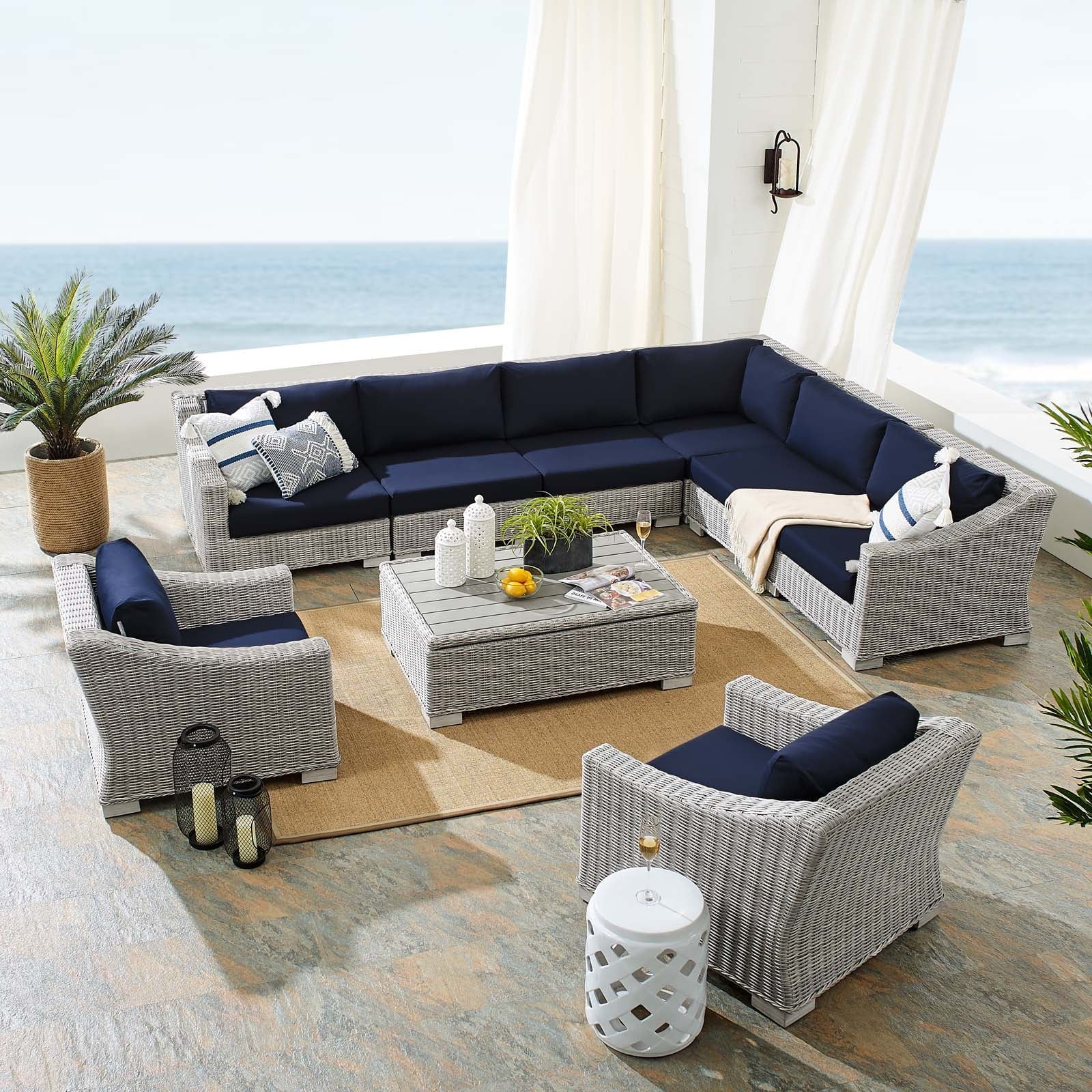 Lounge Sectional Sofa Chair Table Set, Rattan, Wicker, Light Grey Gray Blue Navy, Modern Contemporary Urban Design, Outdoor Patio Balcony Cafe Bistro Garden Furniture Hotel Hospitality - Image 3