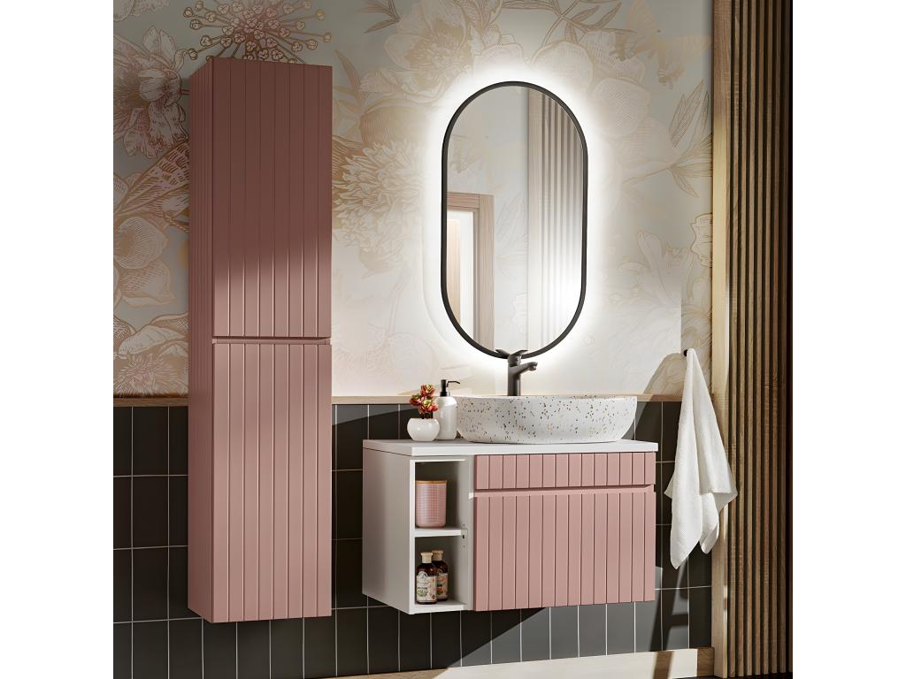 Conjunto mueble lavabo individual de 80 cm 2 nichos y columna Zelie Rosado y Blanco
