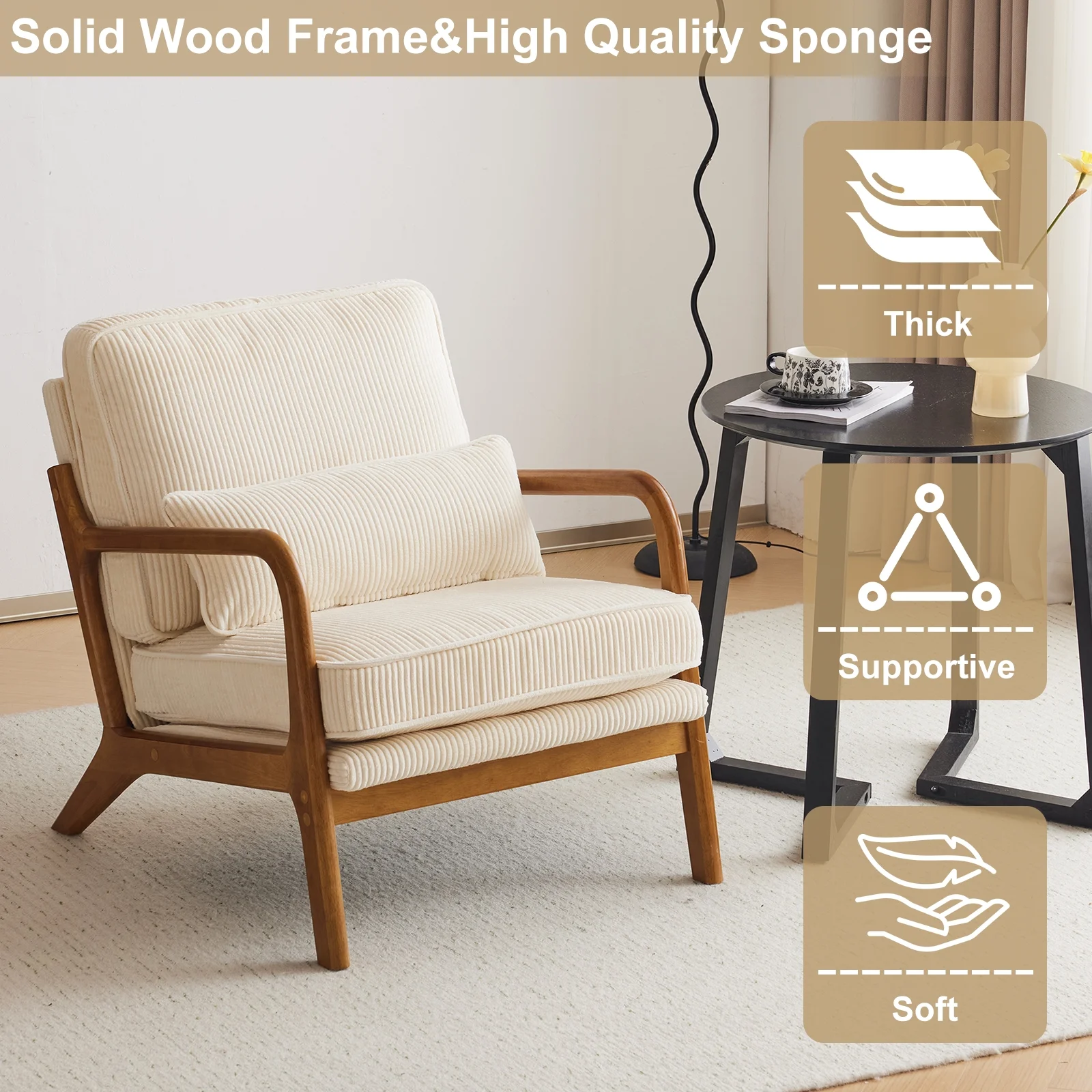 Ktaxon Accent Chair Corduroy Upholstered Armchair, Reading Club Chair with Pillow and Solid Wood Frame for Living Room Bedroom Furniture Off White - Image 14