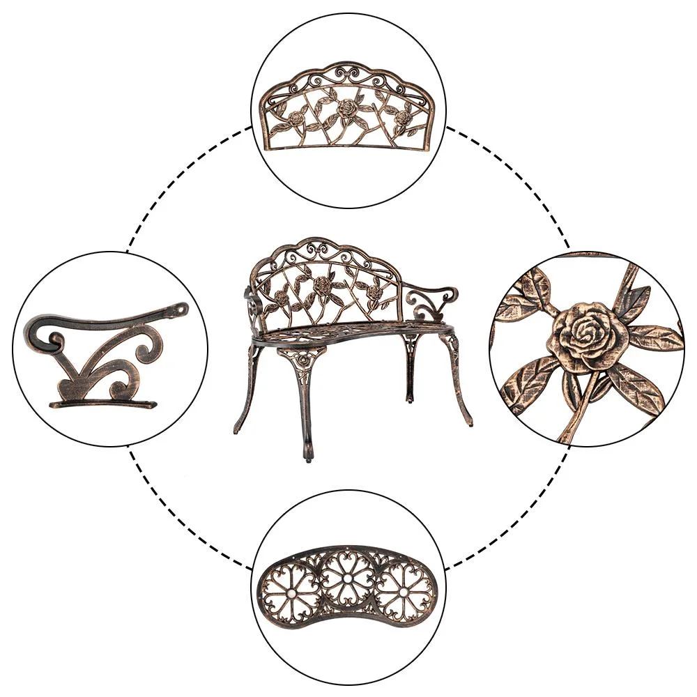 Zimtown Courtyard Park Outdoor Patio Bench Leisure Rose Cast Aluminum Chair, Metal Loveseat Bench for Garden Patio, Porch, Deck, Bronze - Image 6