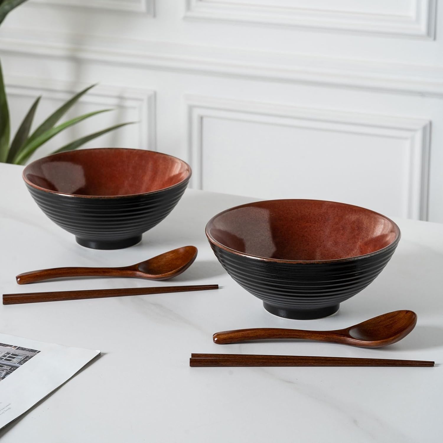 2x Ceramic Ramen Bowls - 40 oz - 20cm - With Spoon and Chopsticks for Ramen Soup Pho Udon Asian Noodles, Large Noodle Bowls (Brown glaze 2 sets)