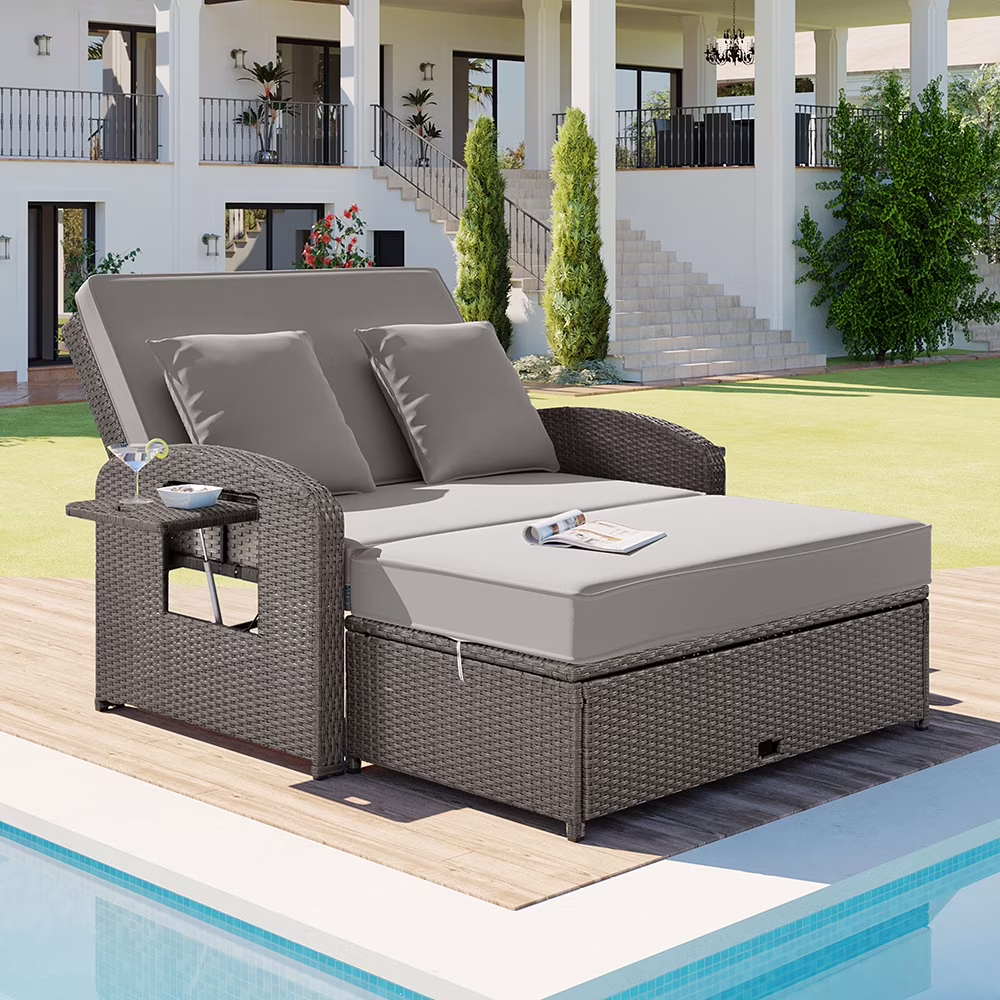 Harper & Bright Designs Rattan Outdoor Double Lounge Chaise 2-Person PE Wicker Outdoor Patio Sunbed with Canopy Cover for Backyard Garden Balcony, Beige+Black - Image 14