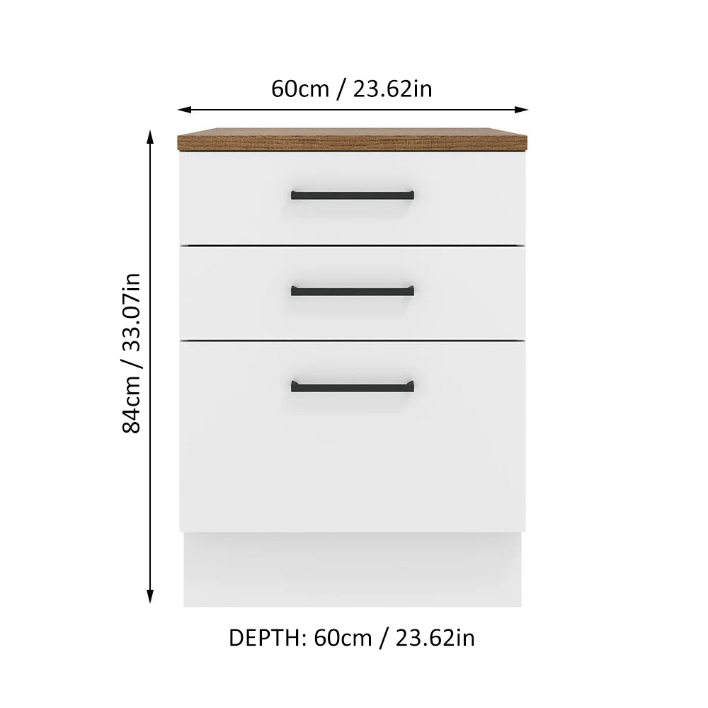Madesa Hazel Kitchen Storage Base Cabinet with 3 Drawers 23 Inch Wide Engineered Wood Painted Finish Floor Mount Removable Plinth - White - Image 2