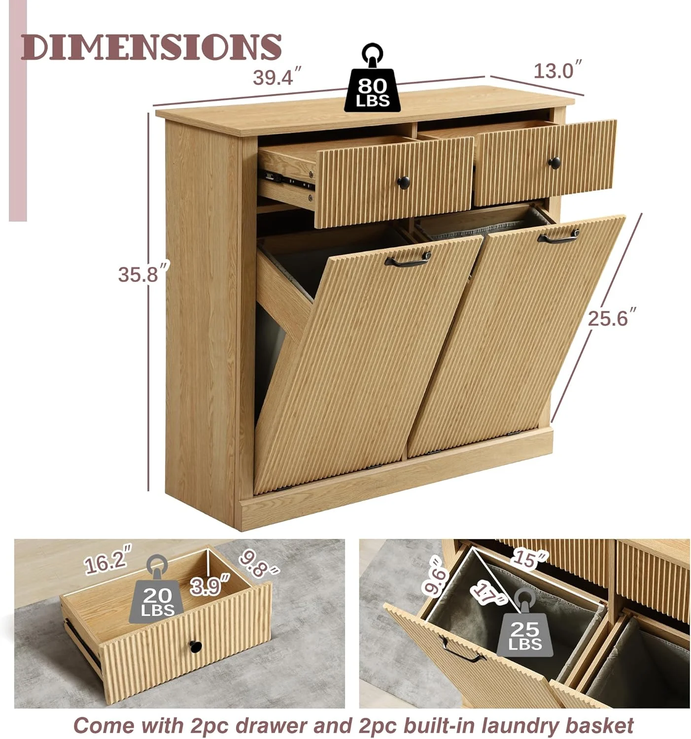 Haverchair Double Tilt Out Laundry Hamper Cabinet, Modern Fluted Trash Can Cabinets with Drawer, Wooden Hidden Garbage Cabinet for Kitchen and Bathroom - Image 8